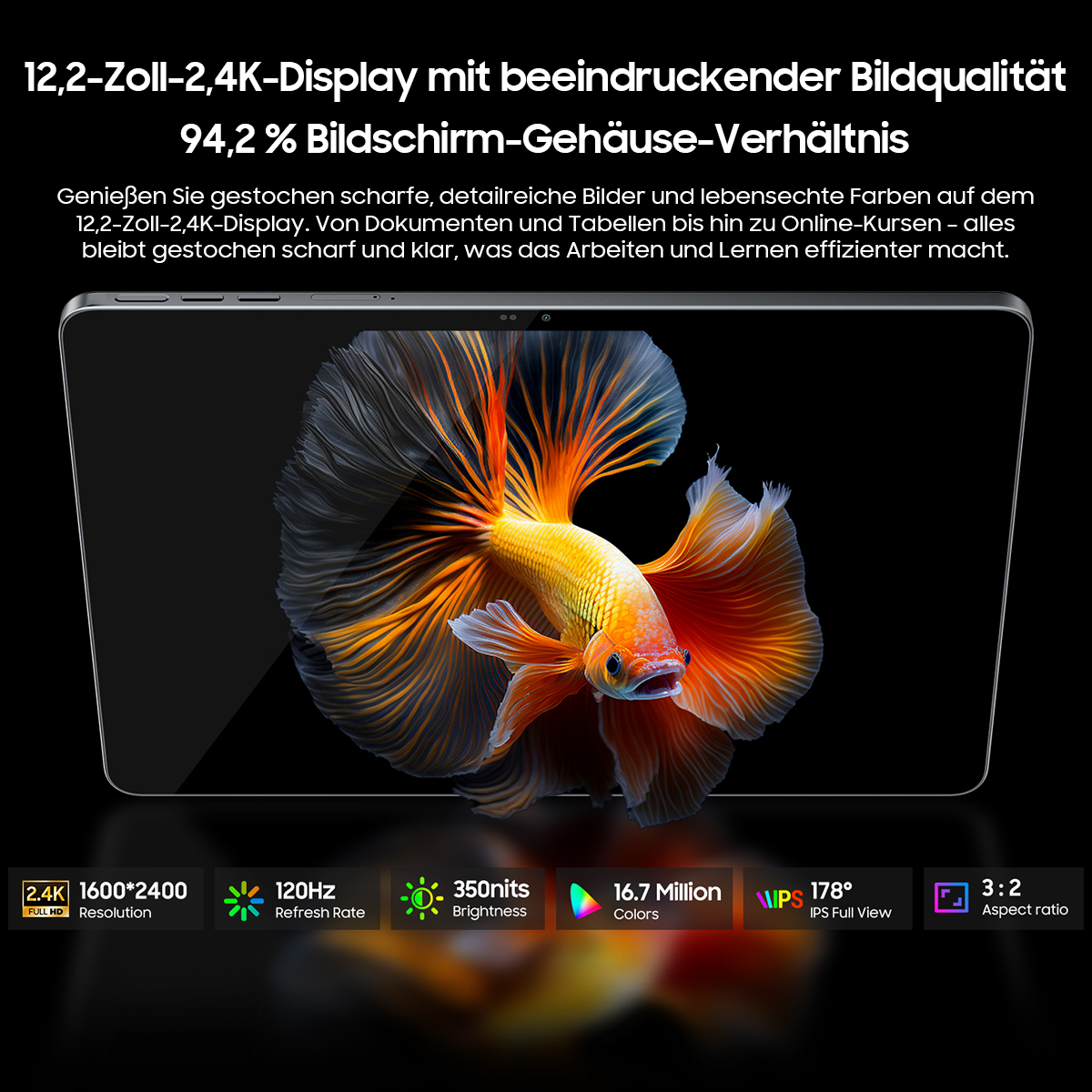 Ein Fisch mit orangen und roten Flossen auf einem dunklen Display.