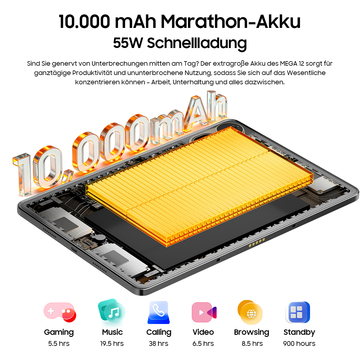 Ein Tablet mit 10.000 mAh Akku, 55W Schnellladung, Gaming, Musik, Telefonie, Video, Browsing, Standby.
