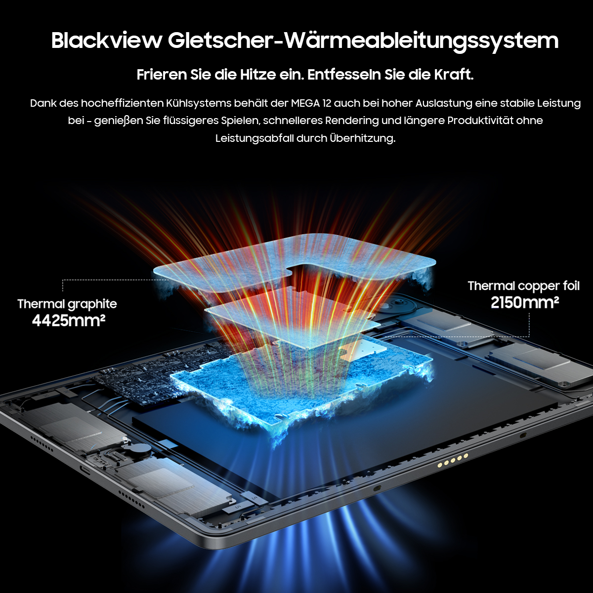 Explodierte Ansicht eines Tablets, das ein Kühlsystem zeigt.