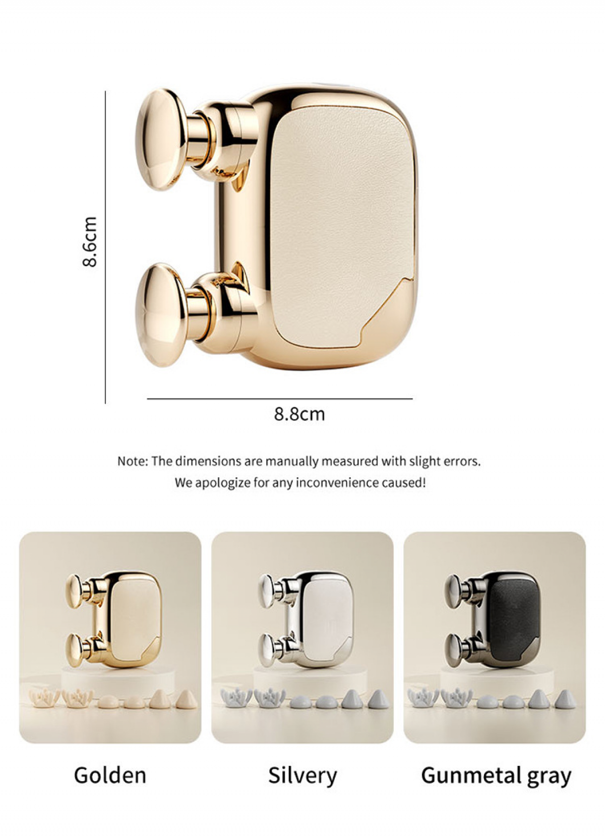 Goldener Handyhalter mit zwei Klemmen und Leder-Einlage, 8,6x8,8cm.