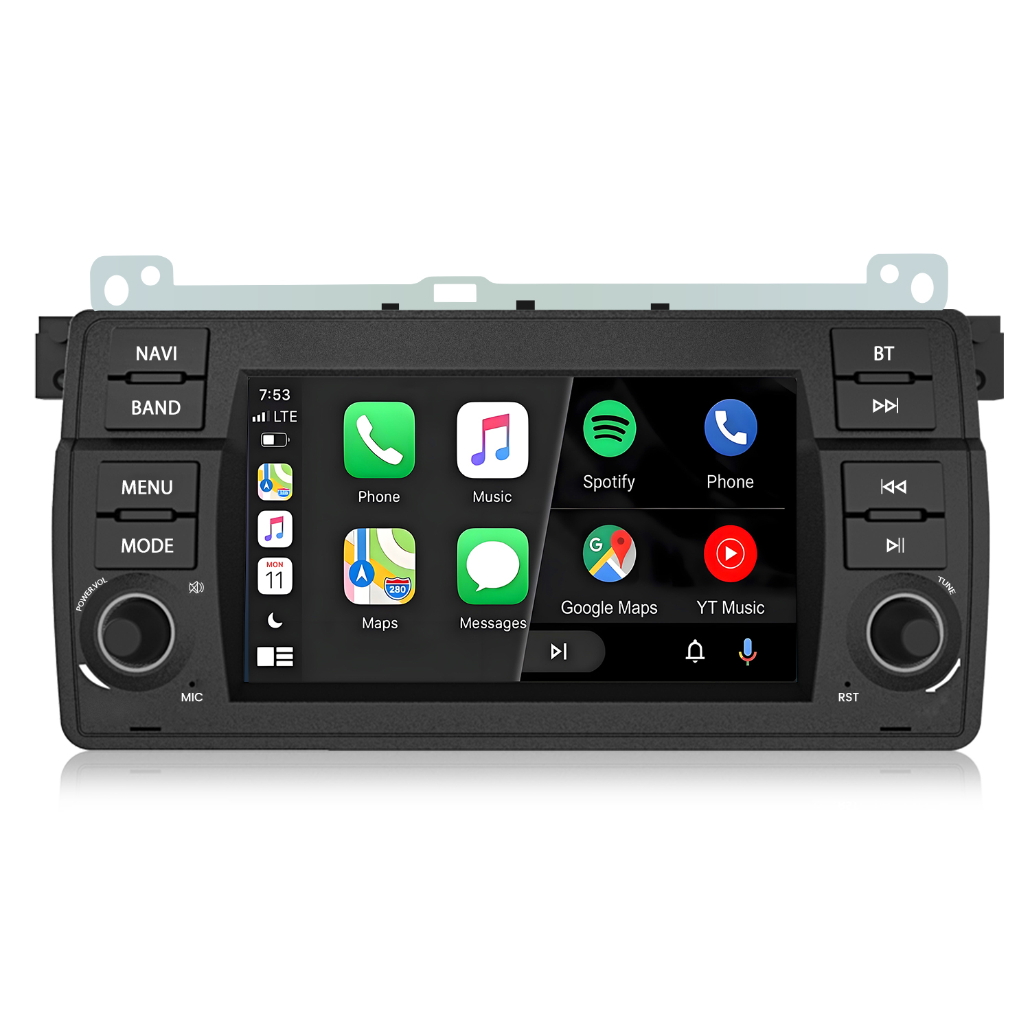 Ein Autoradio-Bildschirm mit Apps wie Telefon, Musik, Spotify, Maps und YouTube.