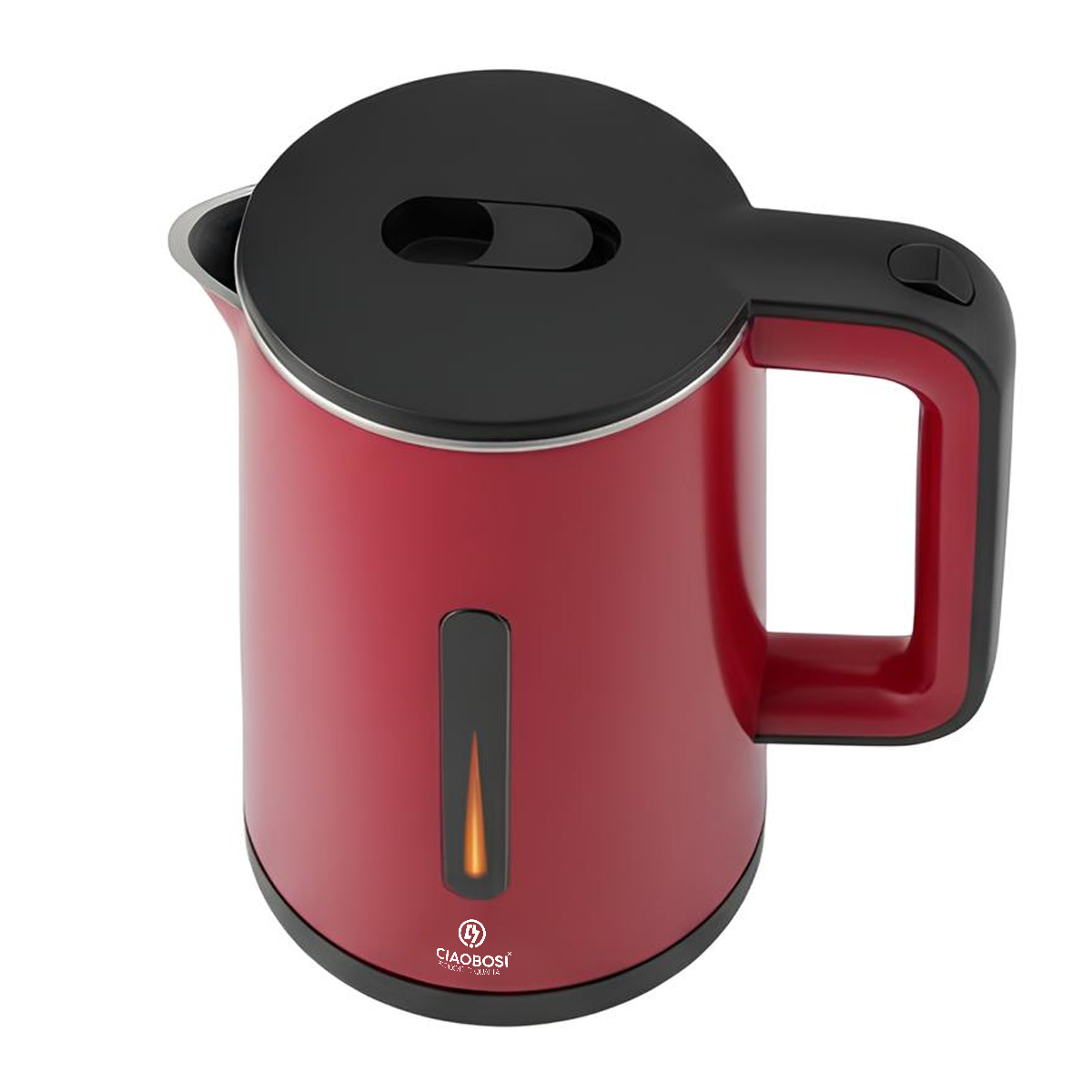 Roter Wasserkocher mit schwarzem Deckel und Griff, mit Wasserstandsanzeige.