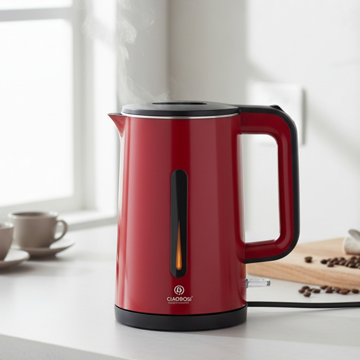 Ein roter Wasserkocher mit Dampf auf einer Arbeitsplatte mit Kaffeebohnen.