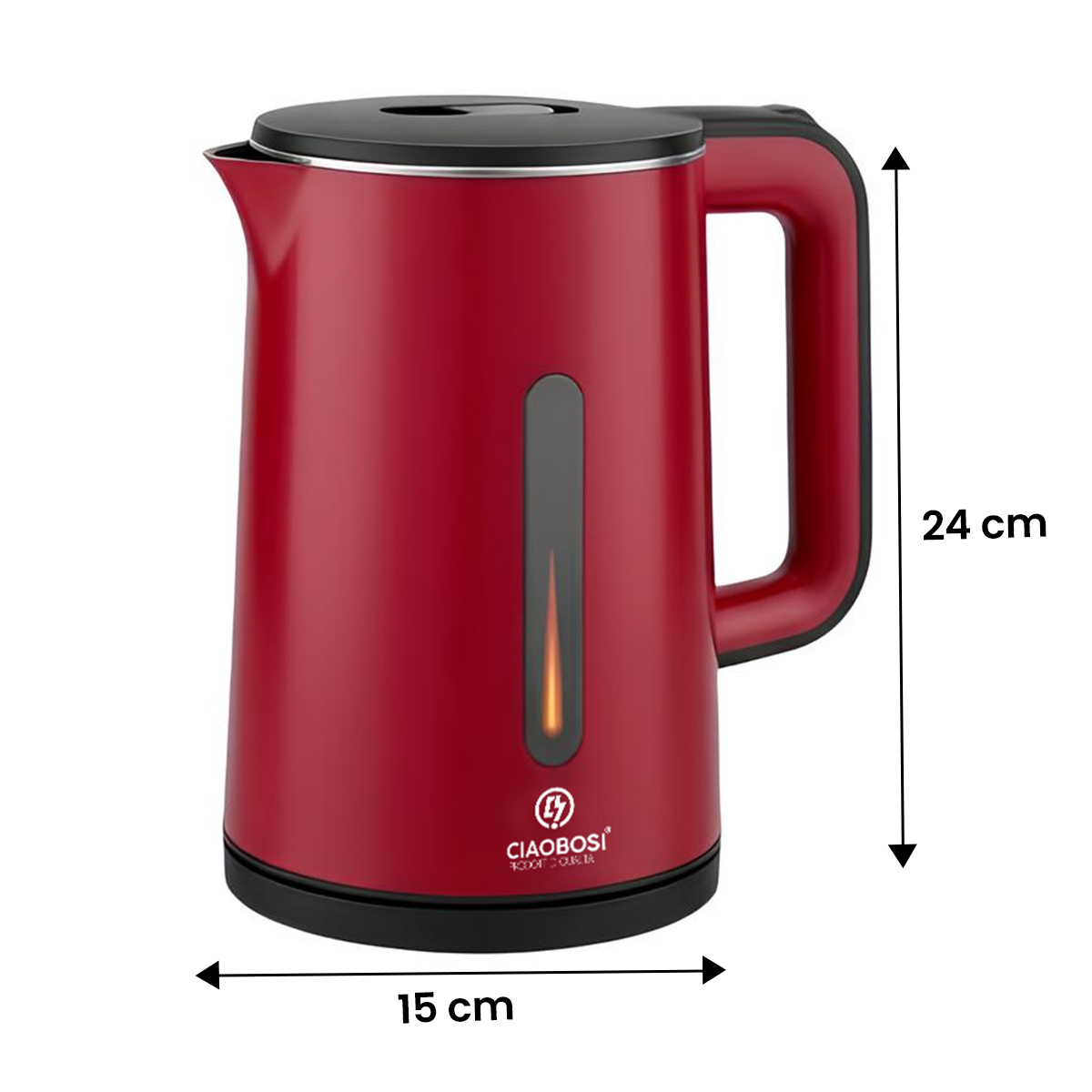 Rote Wasserkocher mit schwarzem Deckel, 24cm hoch, 15cm breit.