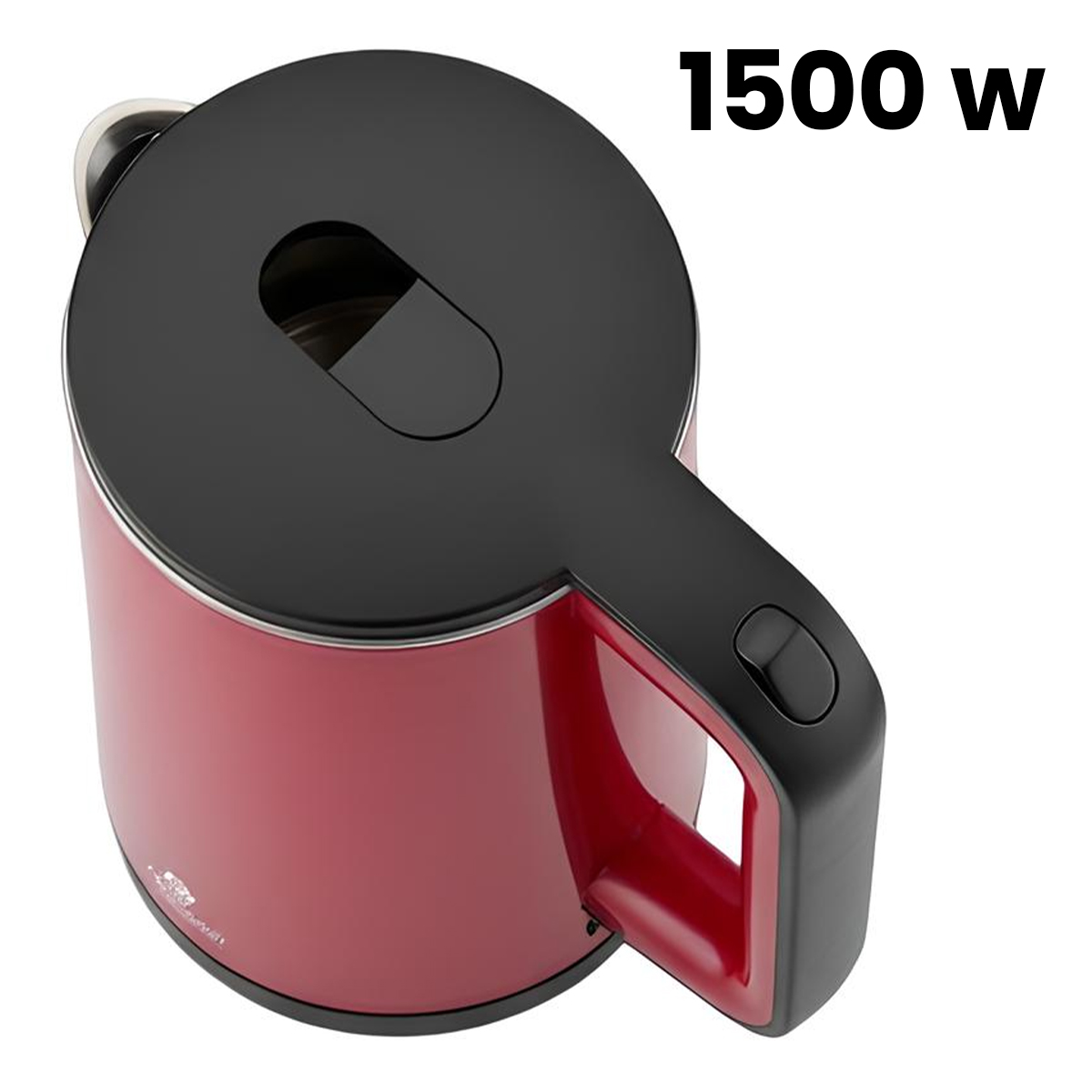 Ein roter Wasserkocher mit schwarzem Deckel und Griff. 1500 W.