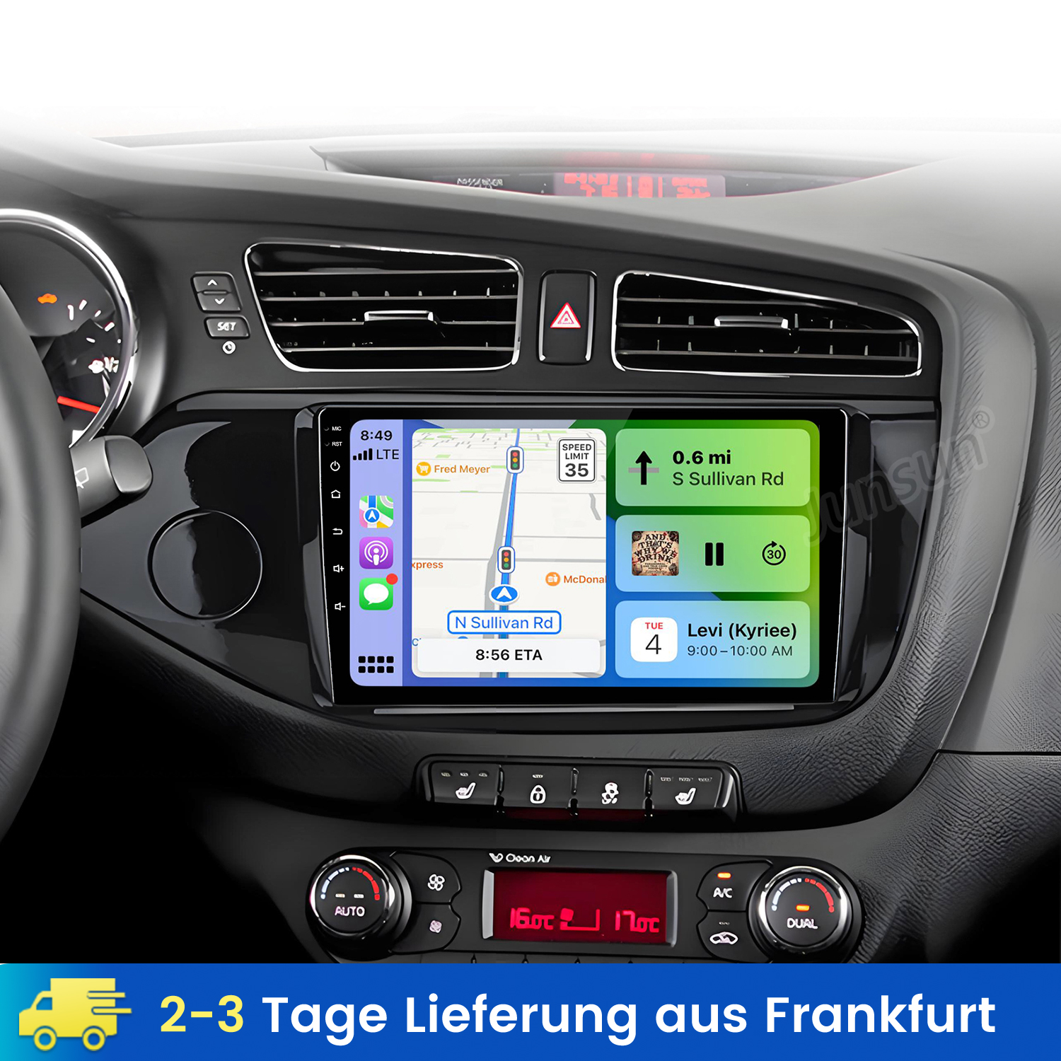 Ein Auto-Infotainmentsystem zeigt eine Navigationskarte, Musik und Kalenderereignisse an.