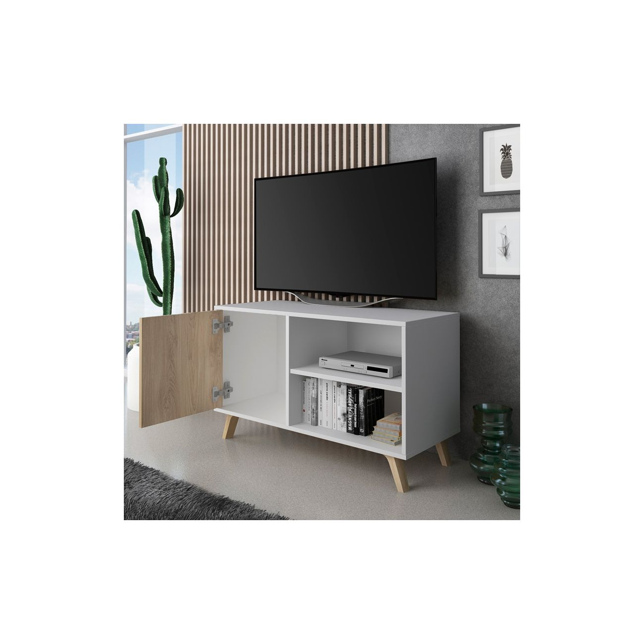 Un mueble de TV blanco moderno con estante abierto, libros y reproductor de DVD.