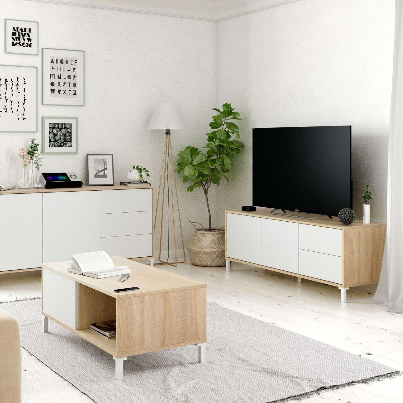 Una sala de estar luminosa con sofá, mesa de centro y mueble de TV.