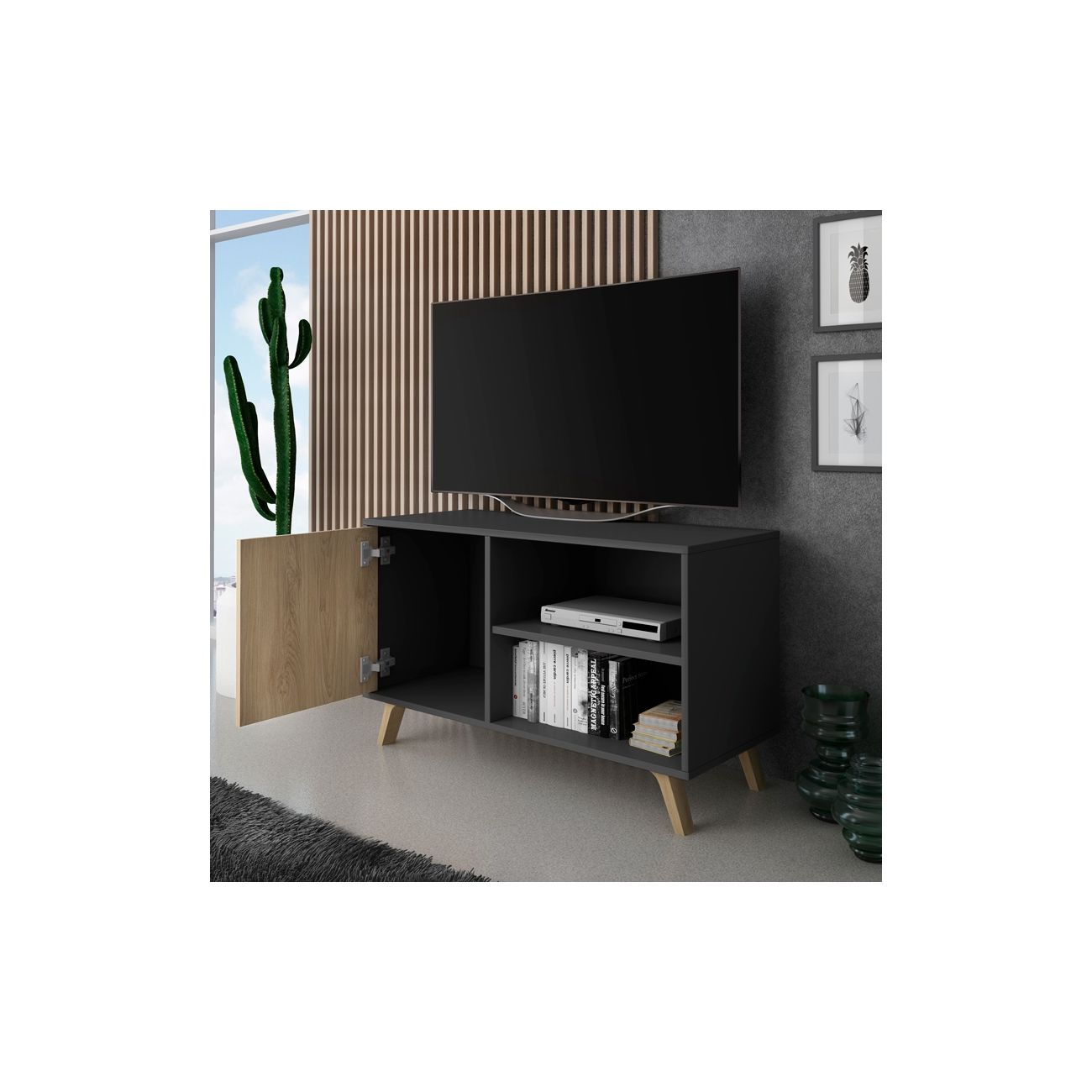 Un mueble de TV oscuro con una puerta abierta y un cactus al fondo.