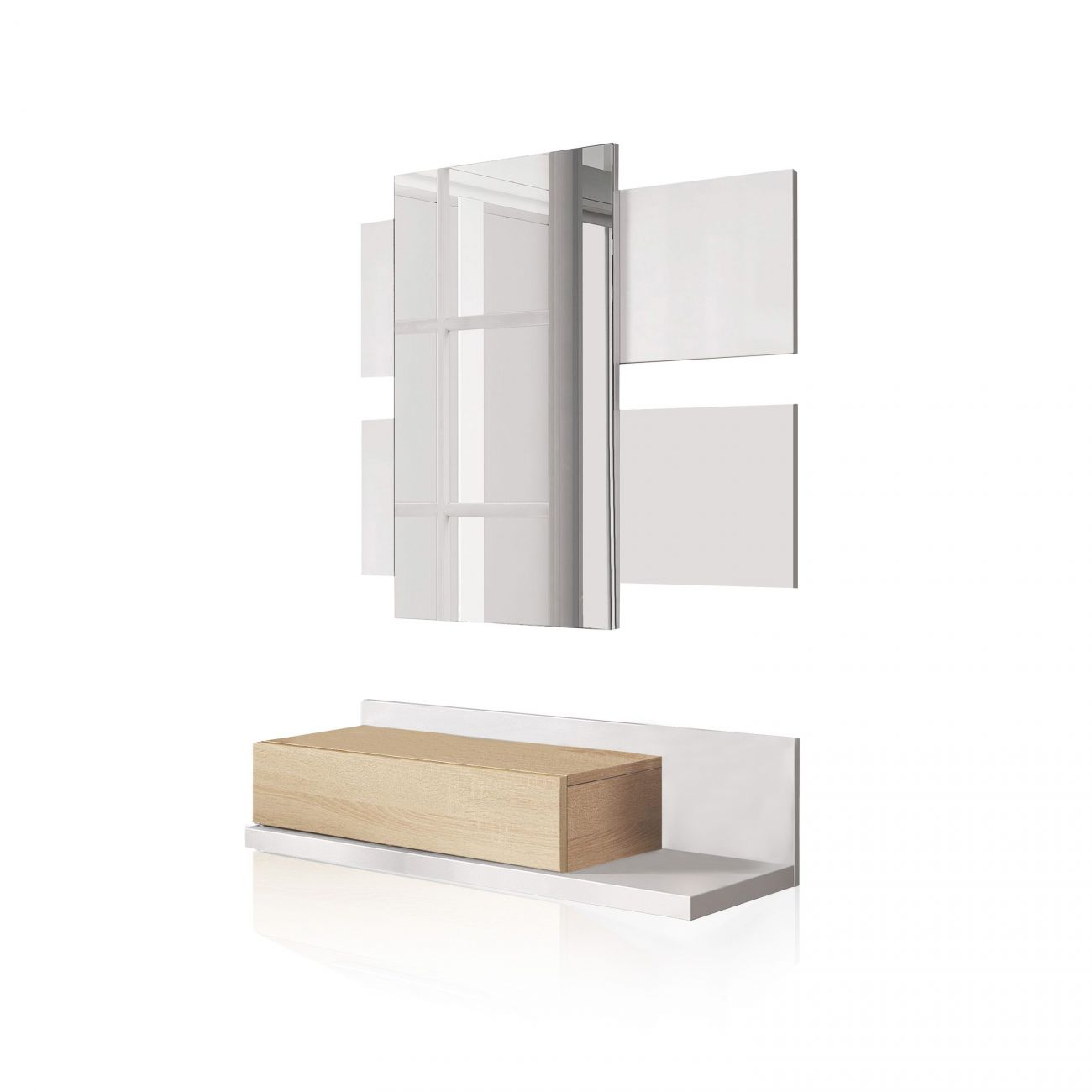 Un cajón de madera en un estante blanco frente a un espejo con paneles blancos.
