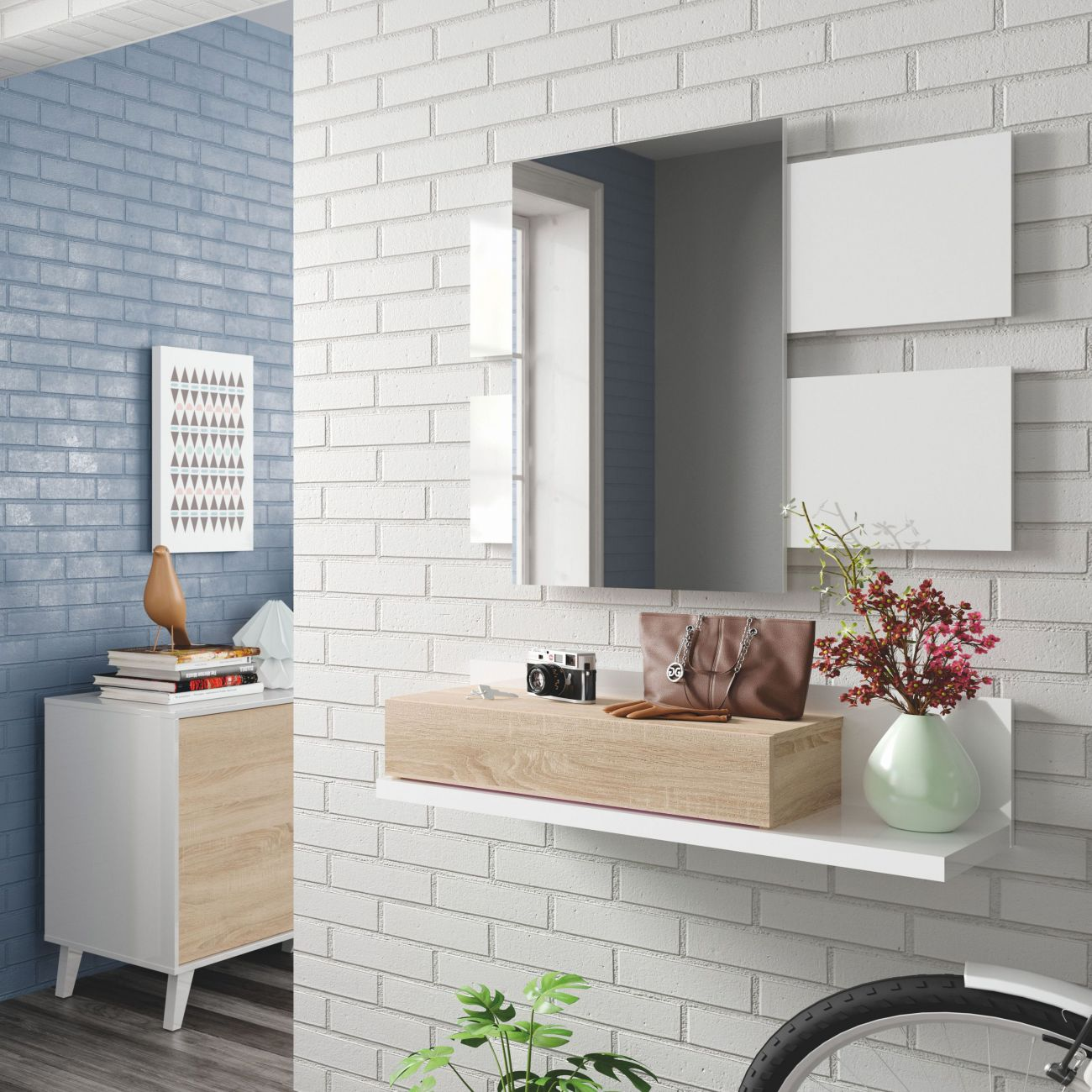 Pasillo con pared de ladrillo blanco, espejo, estante con decoro y mueble.