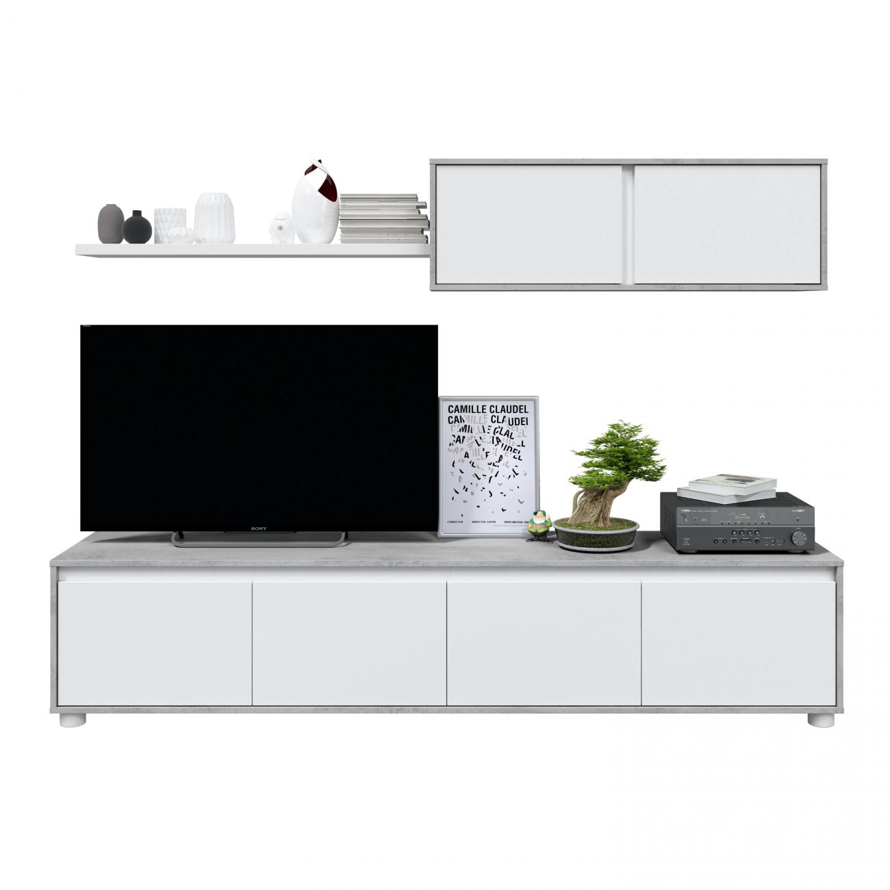 Un moderno mueble de TV con televisor, arte enmarcado, bonsái, libros y equipo de audio.