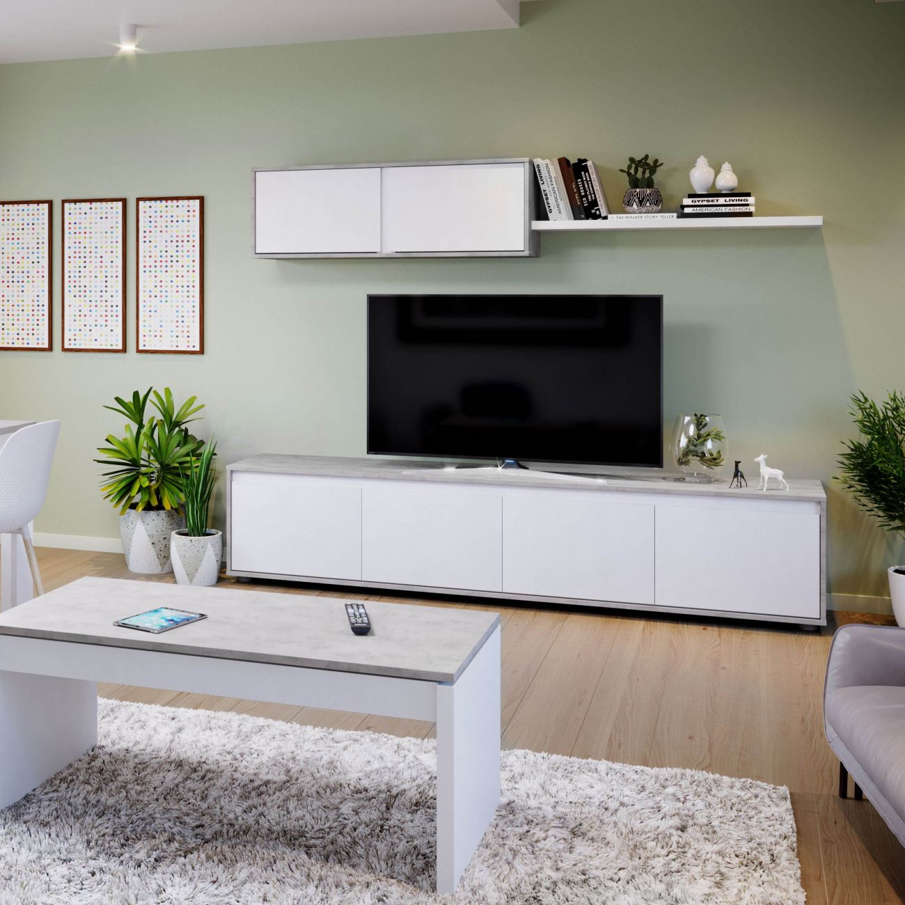 Una sala de estar moderna con TV, mueble multimedia blanco y mesa de centro.
