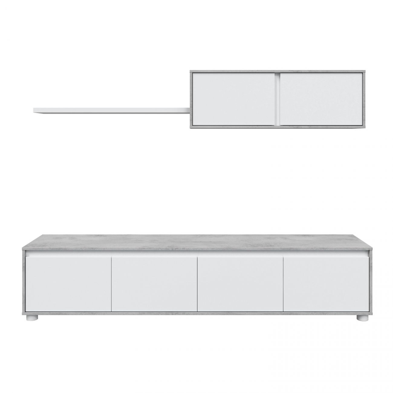 Un mueble de TV blanco con efecto hormigón y un estante flotante.