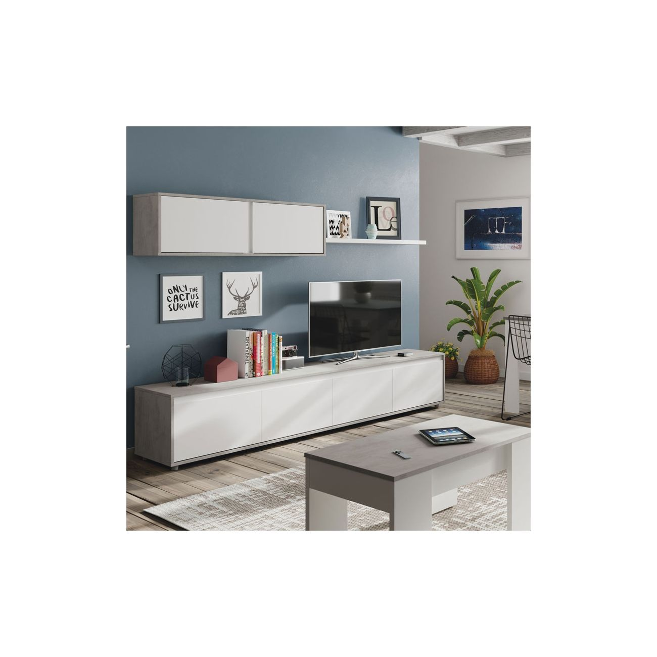 Sala de estar moderna con mueble de TV blanco, estante y plantas.
