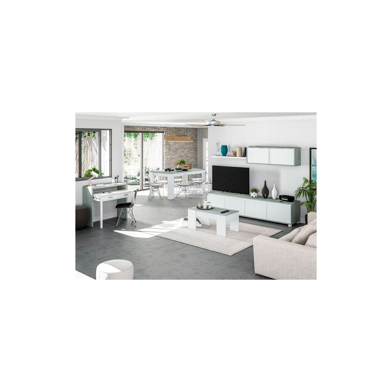 Sala de estar moderna con escritorio, mesa de comedor, TV y sofá.
