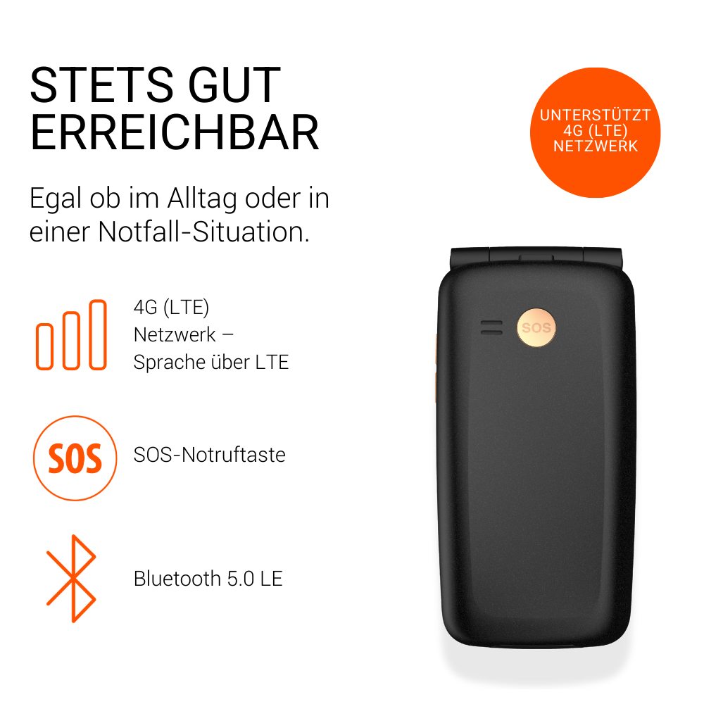 Téléphone à clapet noir avec bouton SOS, support 4G et icônes.