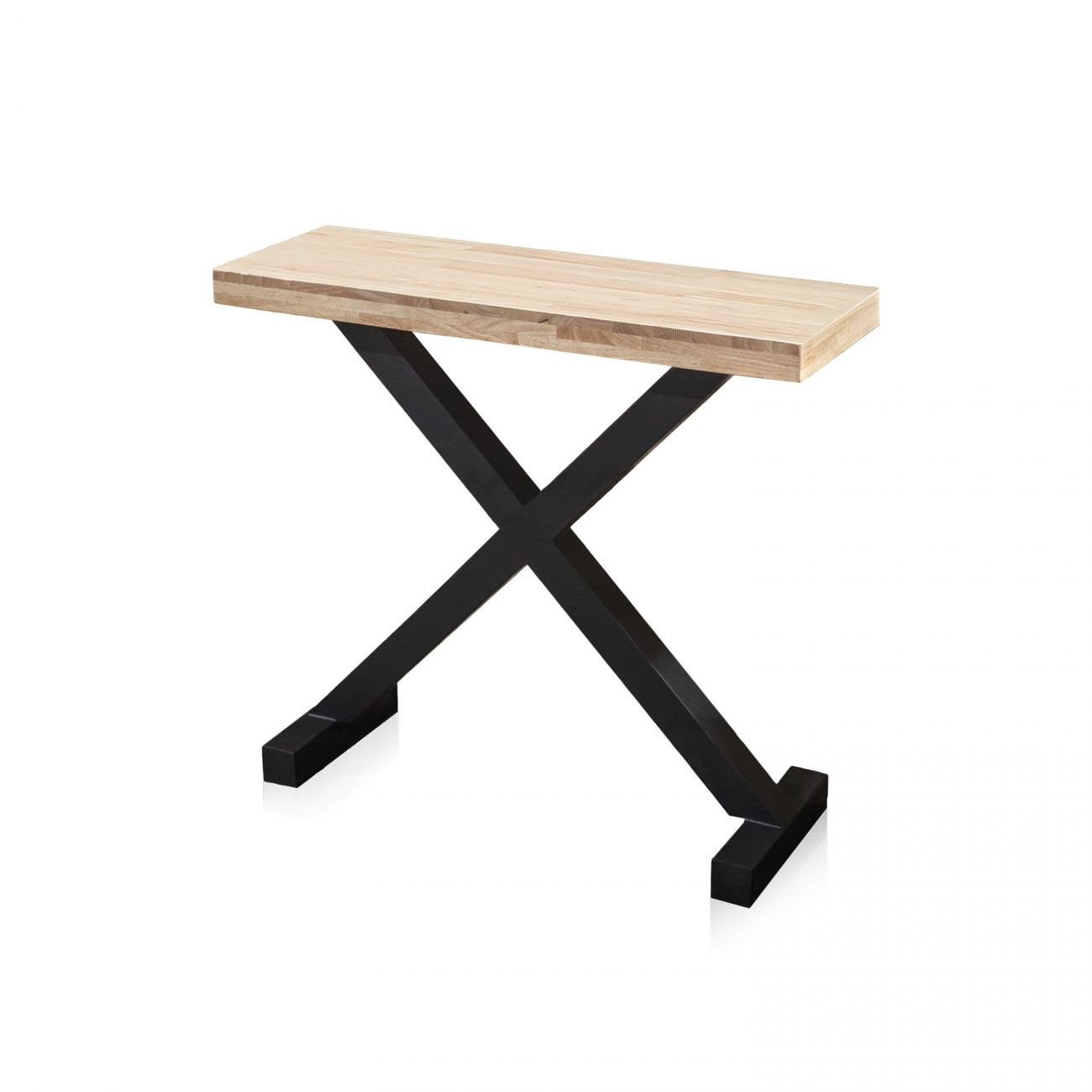 Una mesa de madera con patas negras en forma de X.