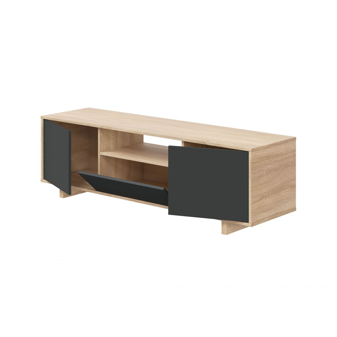 Un moderno mueble de TV de madera con puertas oscuras y estantes abiertos.