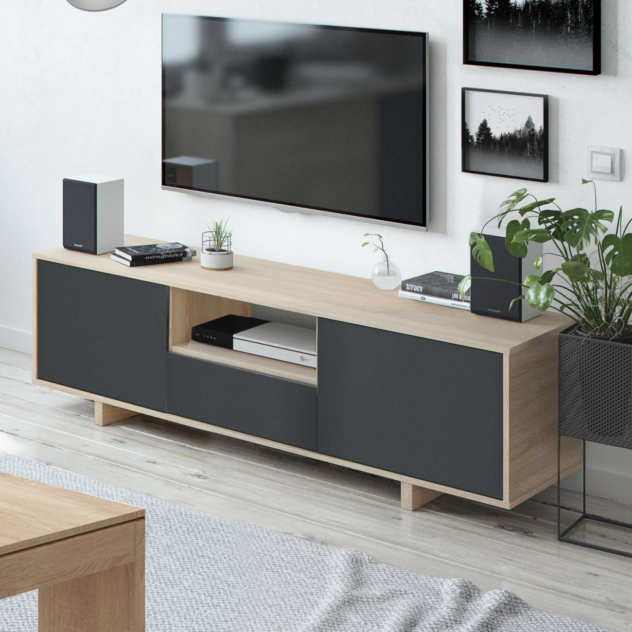 Un mueble de TV moderno con acabado en madera y frentes oscuros, con TV y plantas.