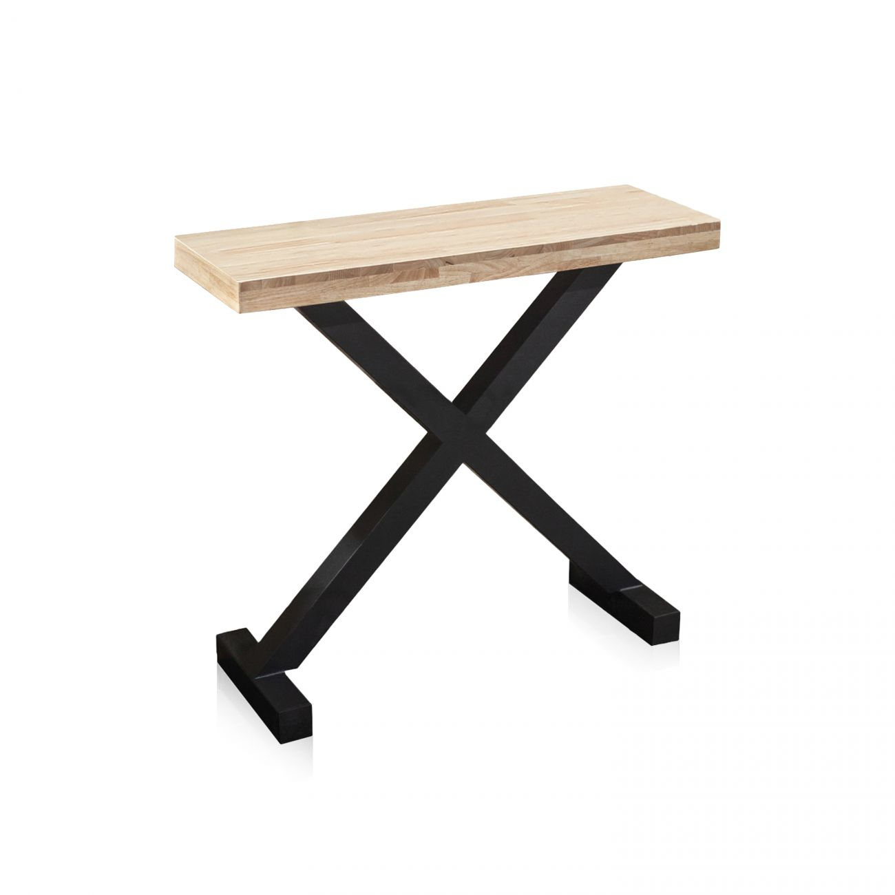Una mesa consola con tablero de madera y patas negras en forma de X.