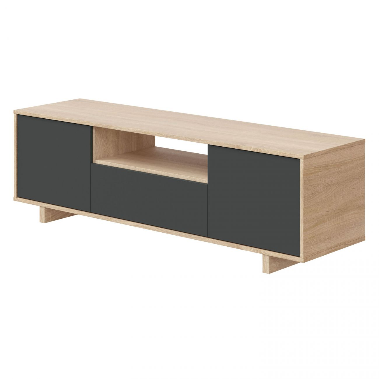 Un mueble de TV moderno de madera con puertas oscuras y un estante abierto.