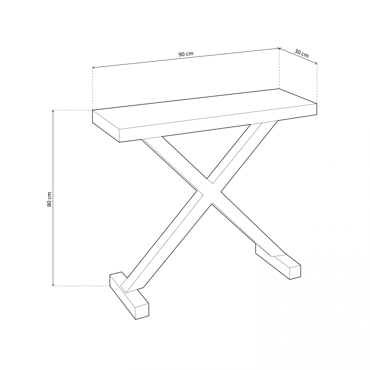 Dibujo de una mesa consola, dimensiones 90x30x80 cm.