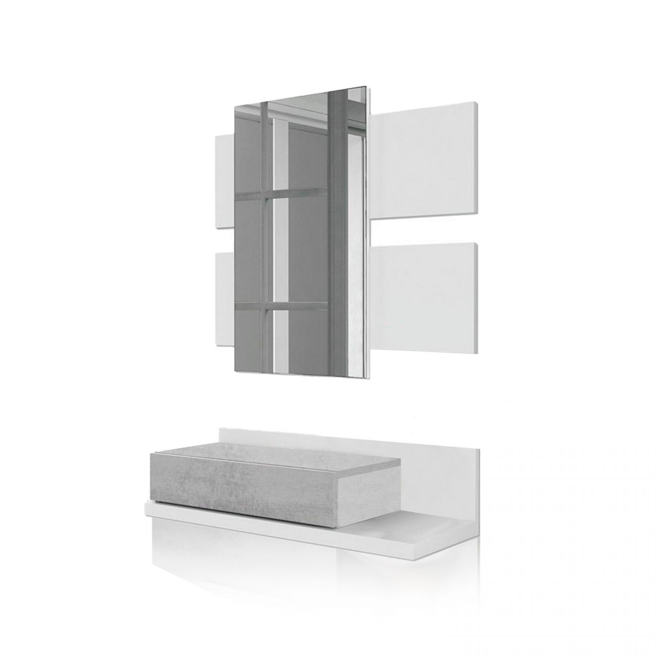 Un espejo cuelga sobre un contenedor rectangular gris en un estante blanco.