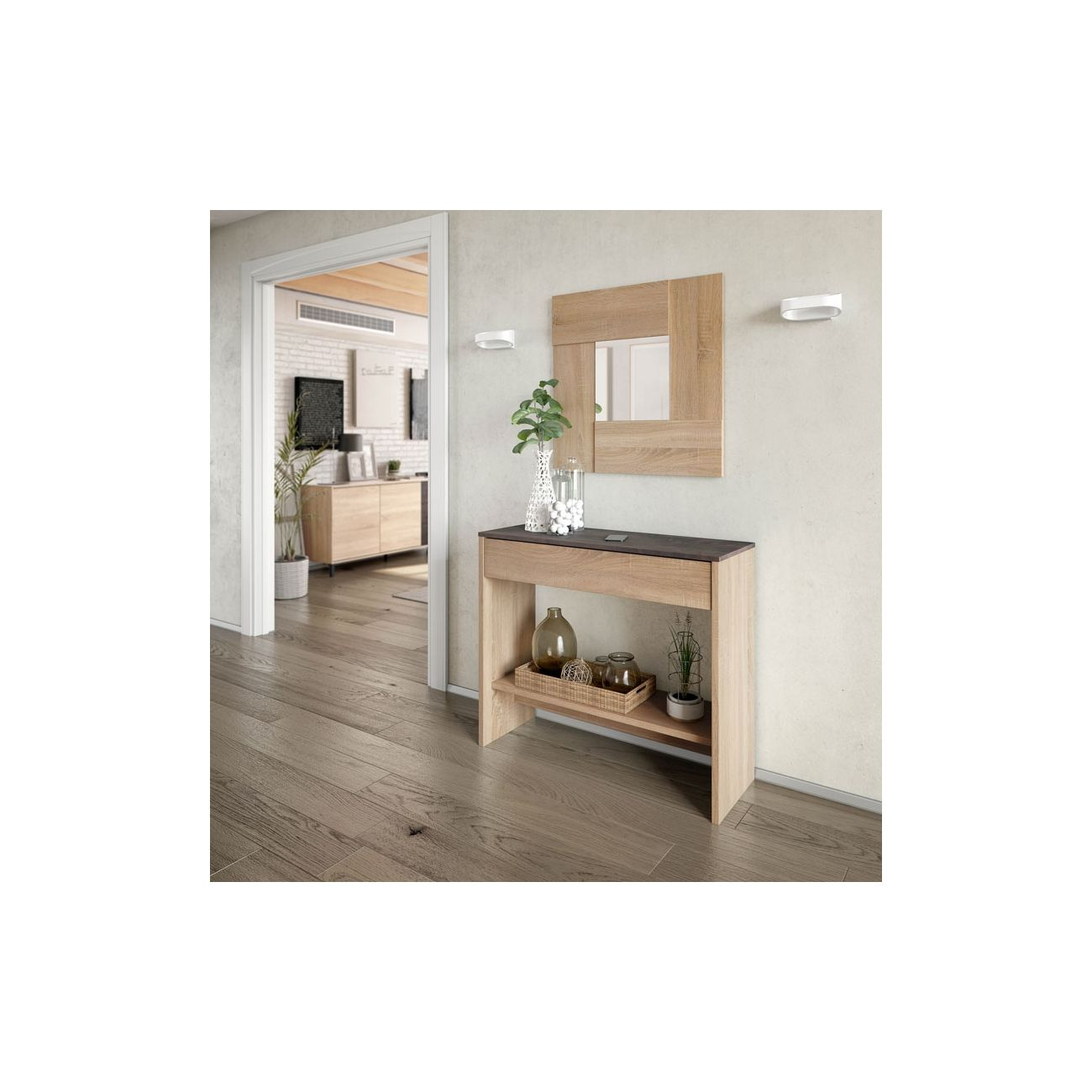 Una mesa consola estrecha con espejo y decoraciones sobre un suelo de madera.