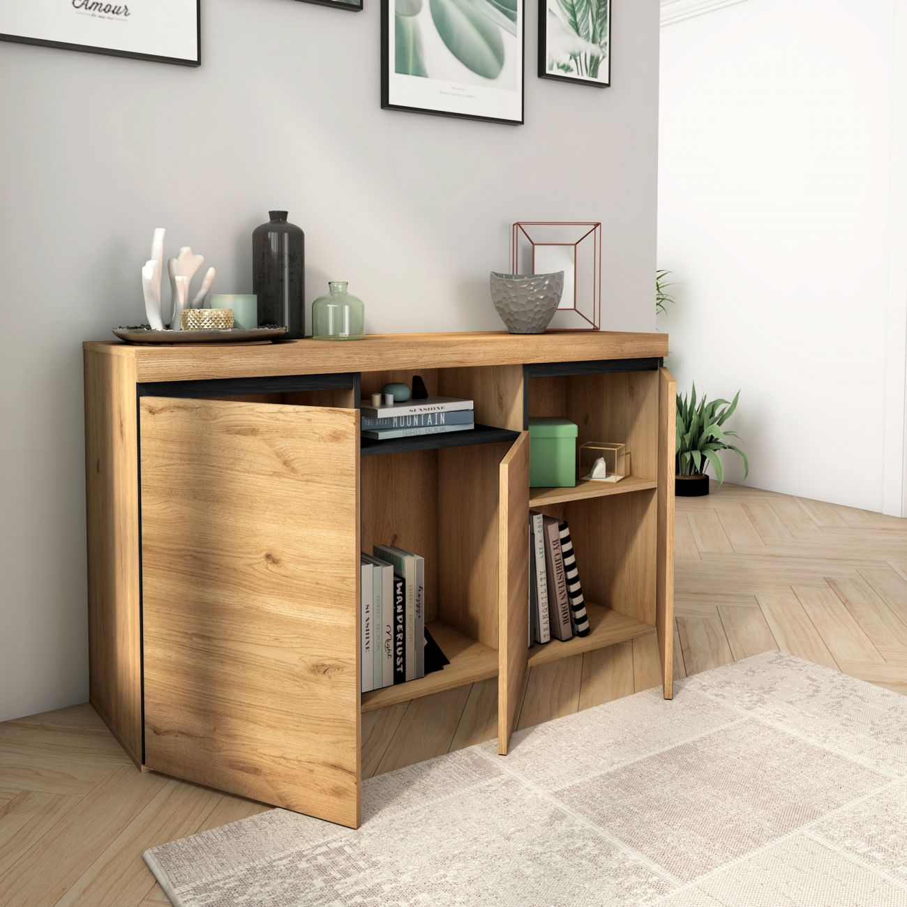 Un mueble de madera con puertas abiertas, decorado con jarrones y libros.