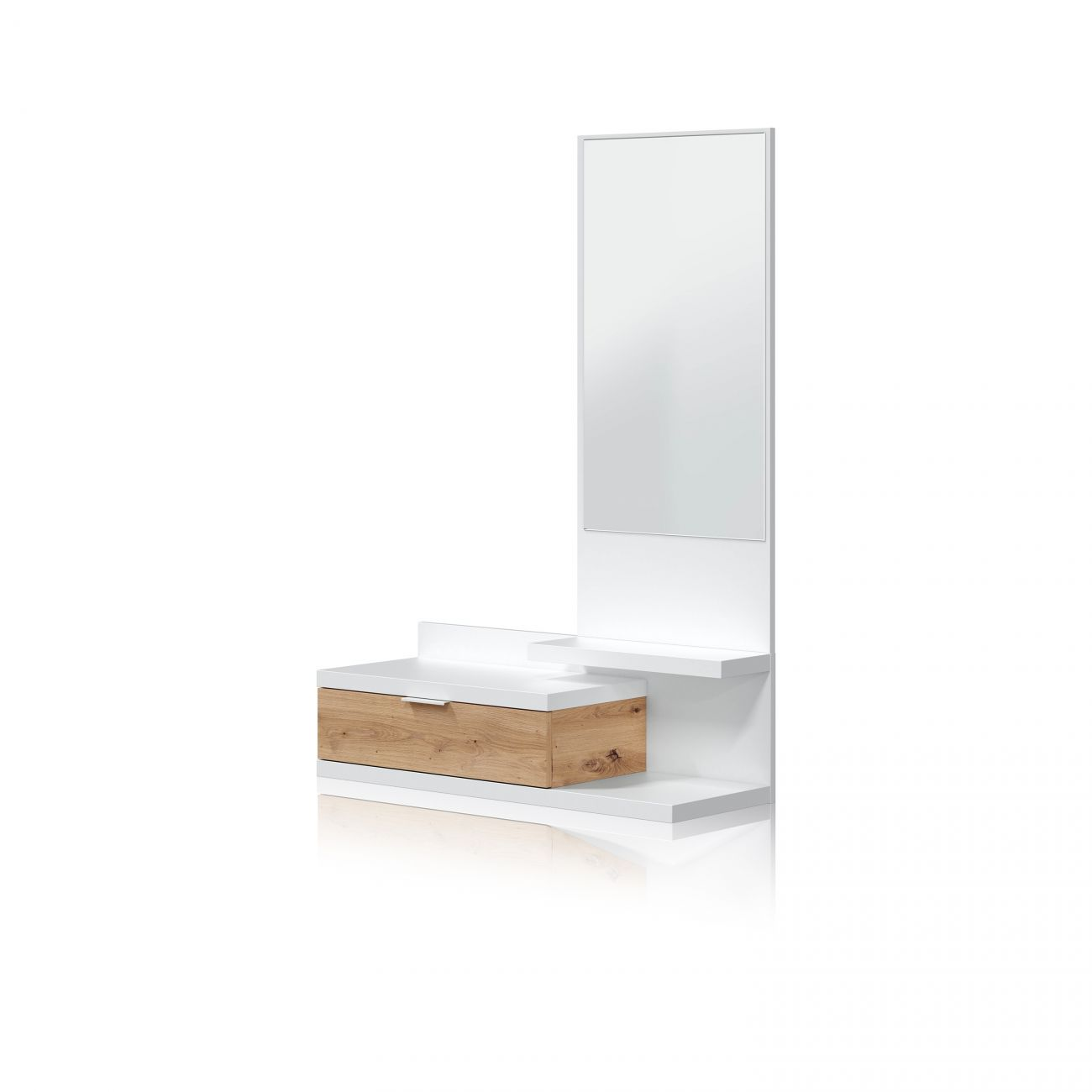Una consola blanca moderna con acento de madera y un espejo alto.