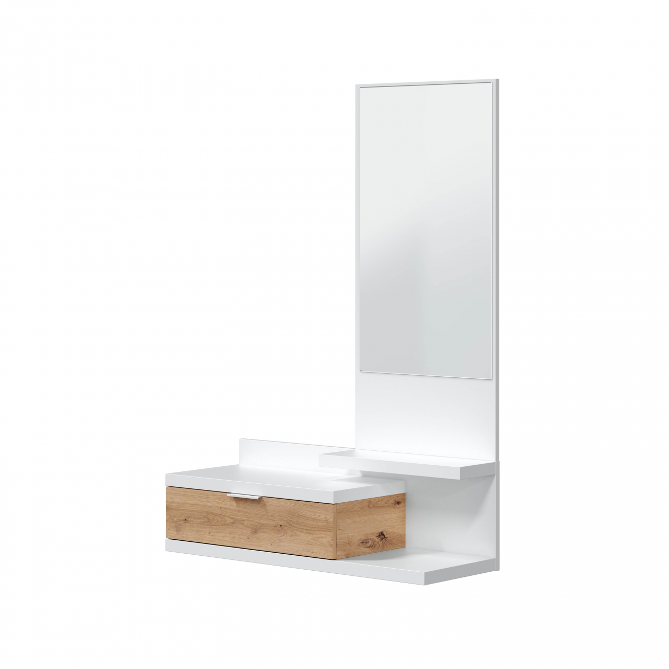 Un mueble blanco de pared con espejo, cajón de madera y estantes.