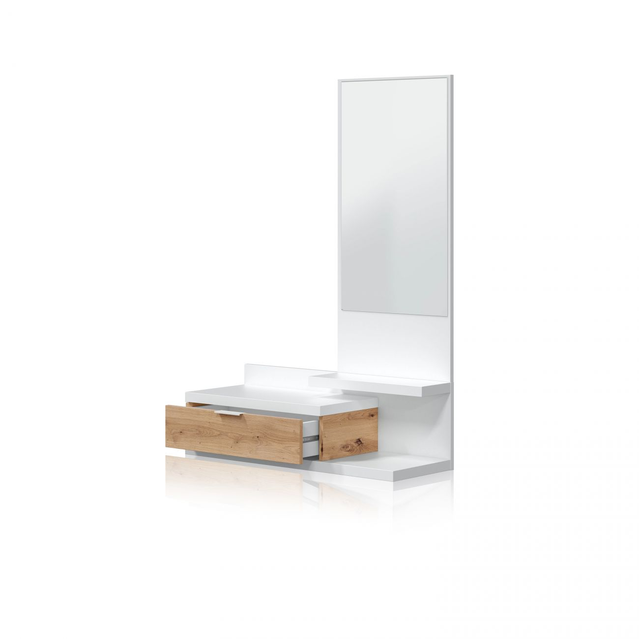 Moderno espejo de pared blanco con cajón de madera y estantes.