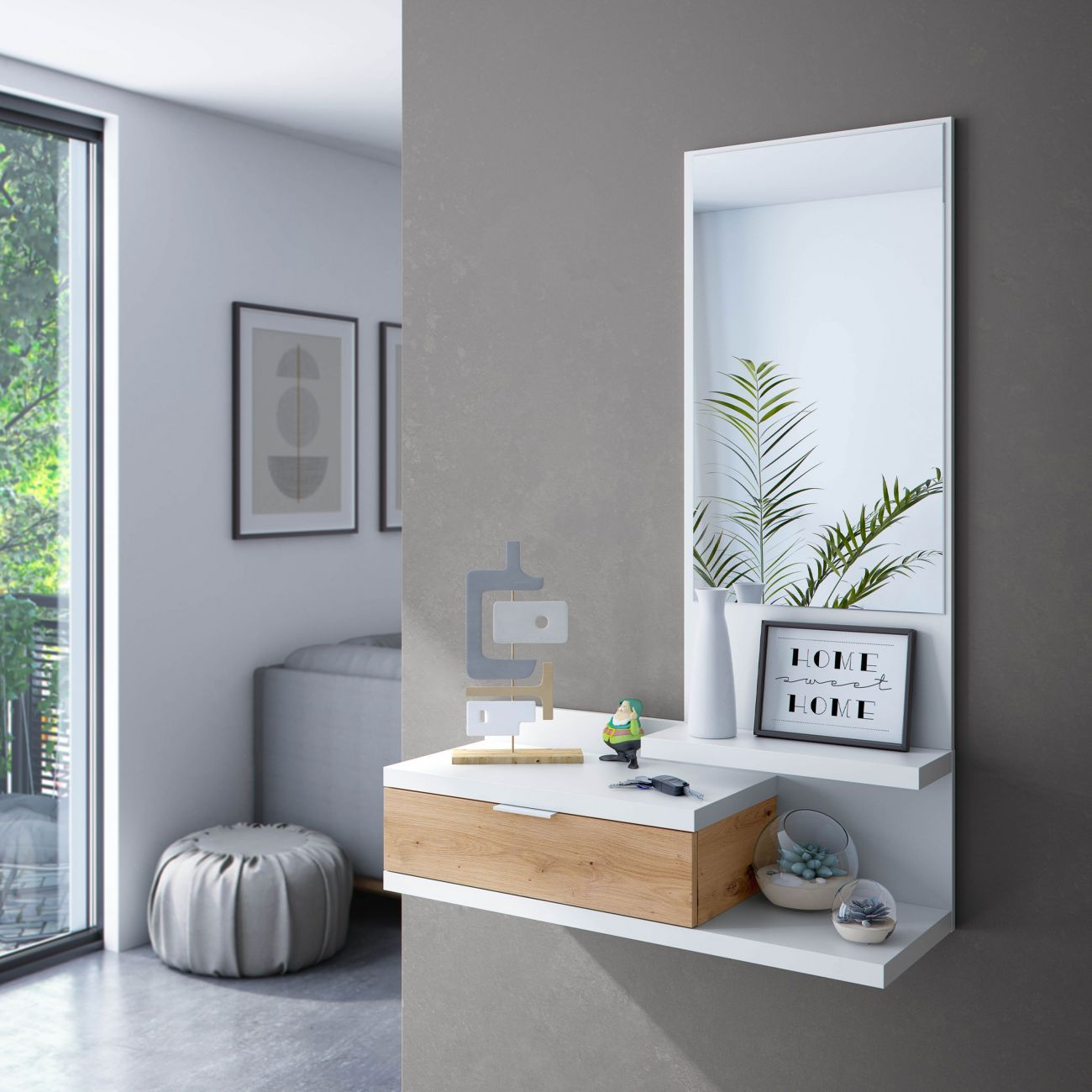 Un pasillo moderno con muebles de pared, espejo, plantas y decoración.