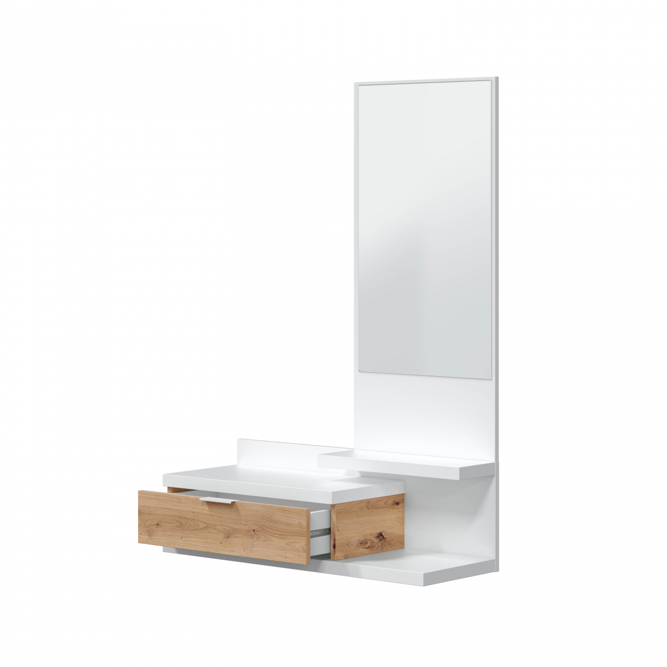 Mueble blanco moderno de pared con cajón de madera, sobre fondo blanco.
