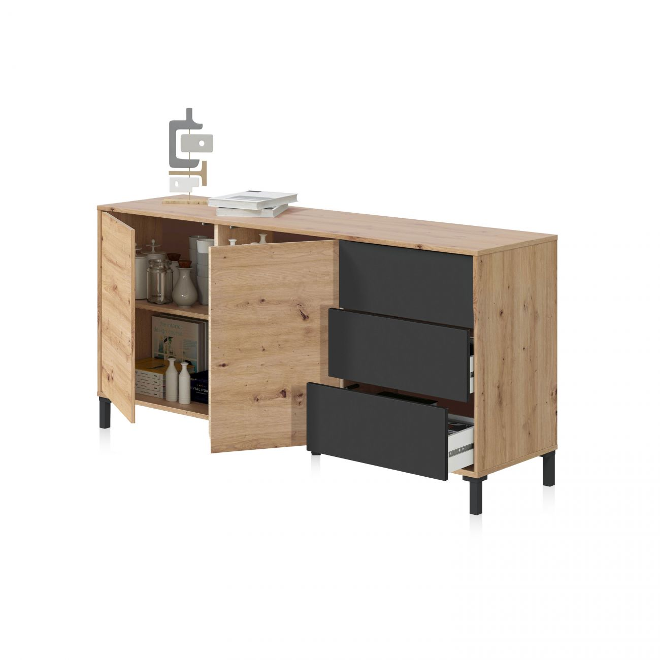 Un aparador de madera con puertas y cajones abiertos, decorado con tarros.