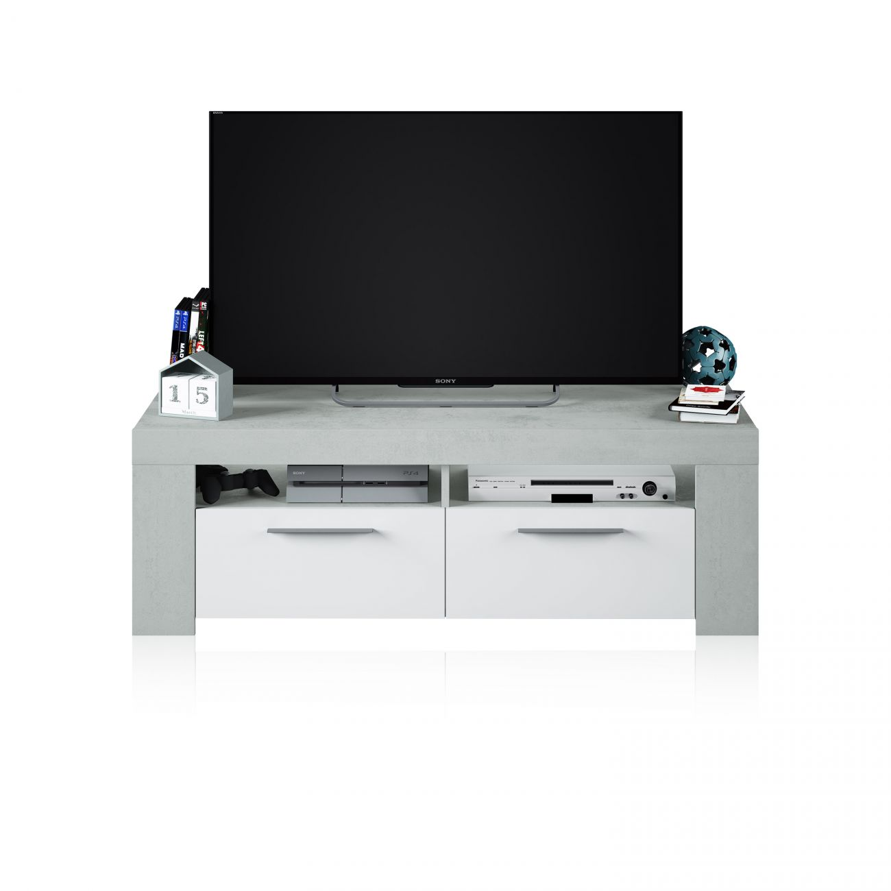 Un televisor Sony sobre un mueble gris con dos cajones blancos.