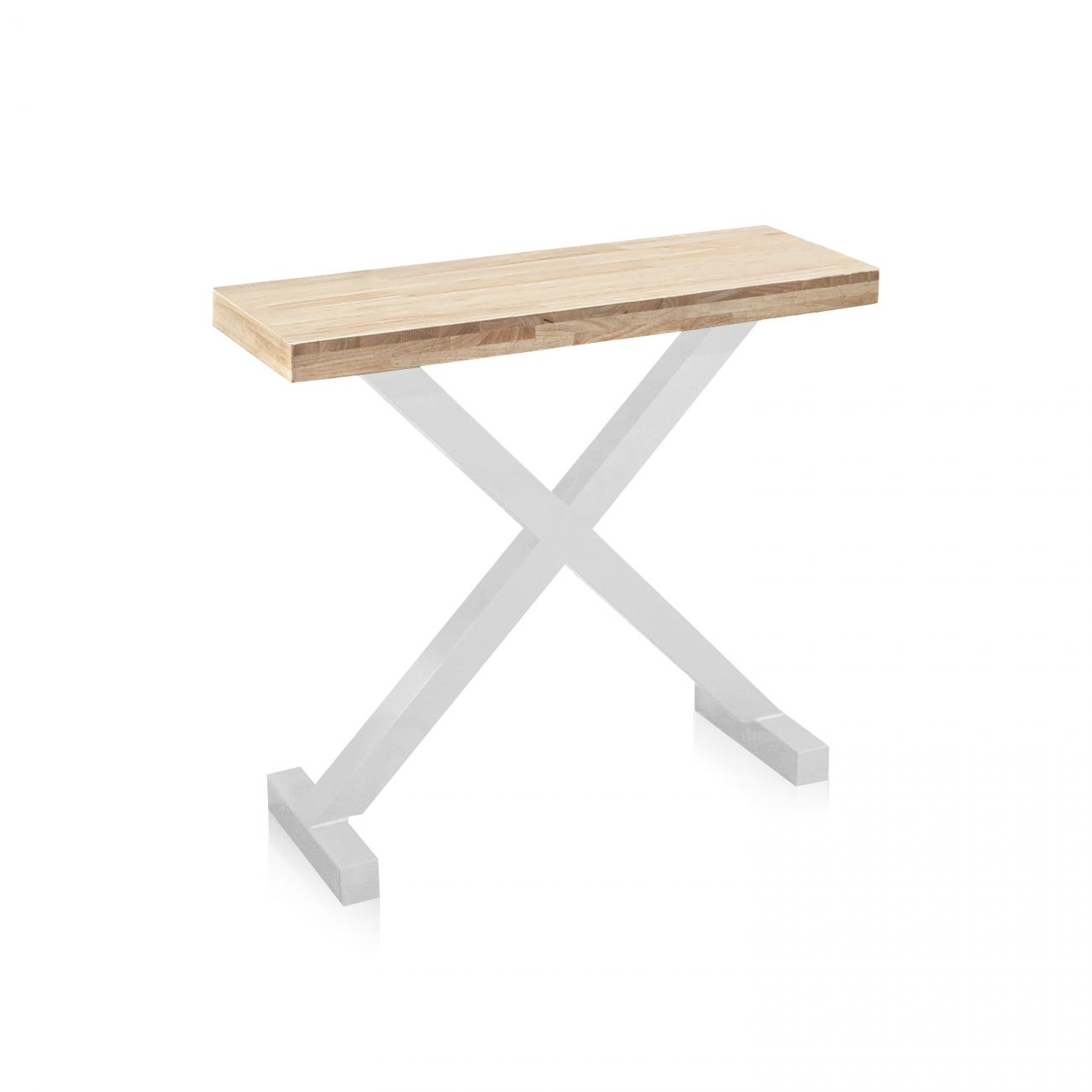 Una mesa de madera estrecha con base blanca en forma de X.