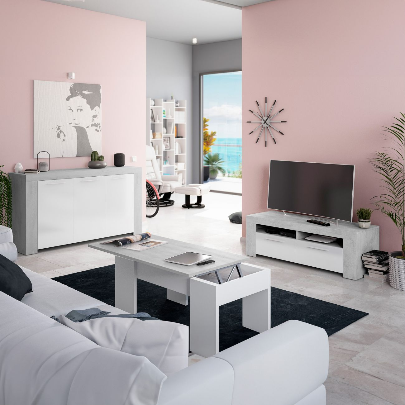 Un salón luminoso con sofá, mesa de centro, TV y vistas al mar.
