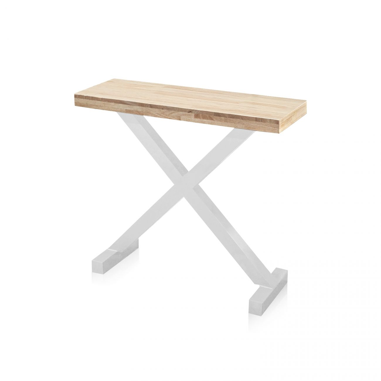 Una mesa estrecha de madera con base de metal blanca en forma de X.