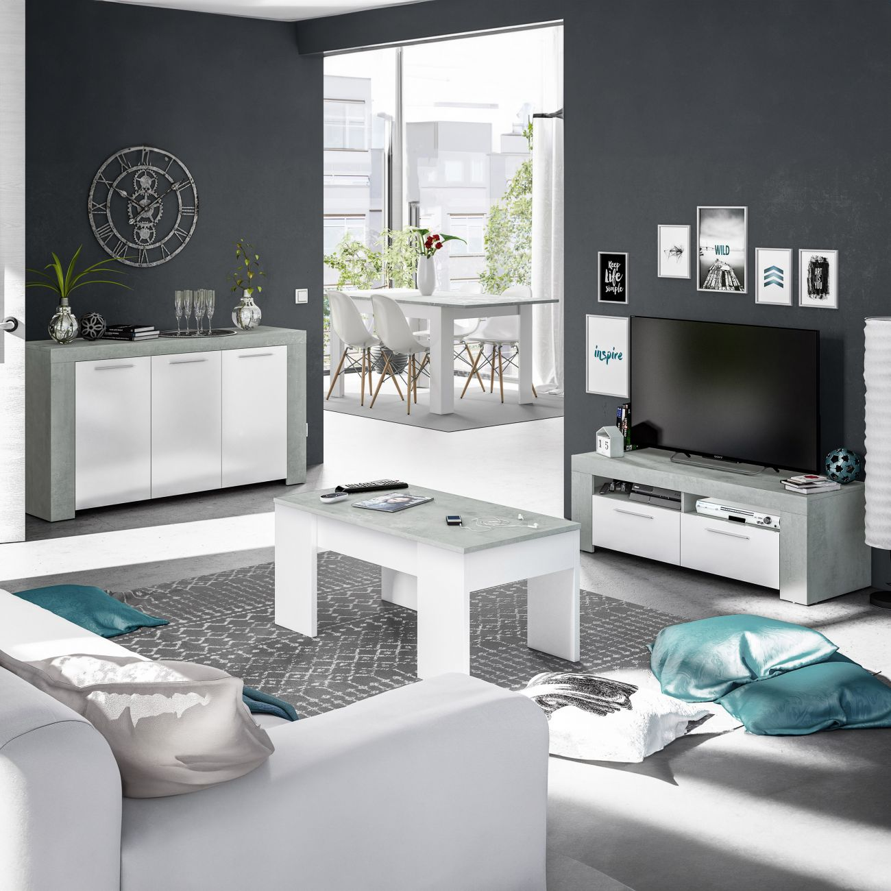 Sala de estar moderna con sofá, mesa de centro, mueble de TV, aparador y mesa de comedor.