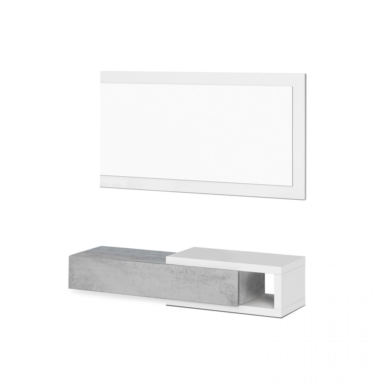 Televisor blanco moderno sobre un mueble de TV gris y blanco de dos partes.