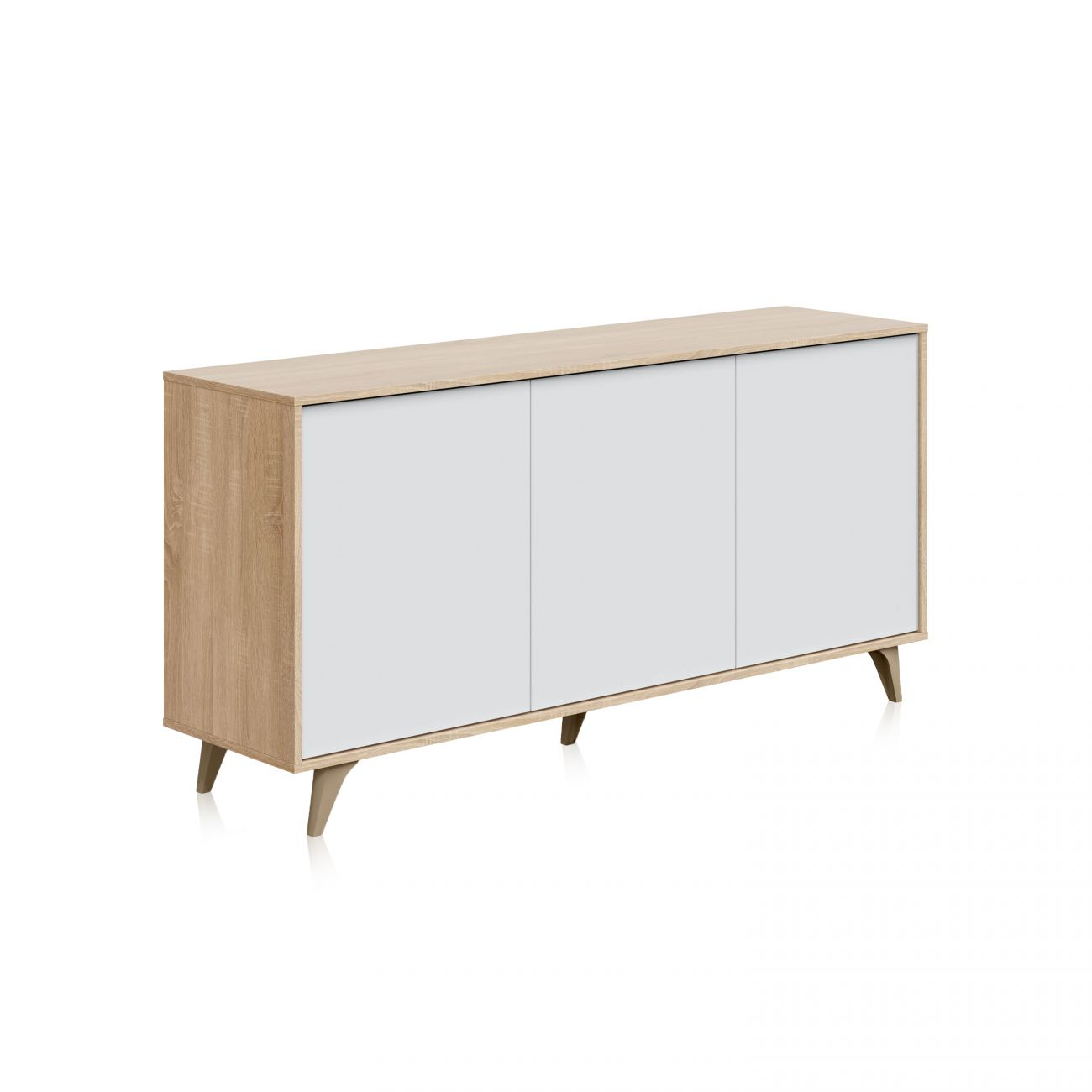Un mueble de madera con tres puertas blancas y patas anguladas.