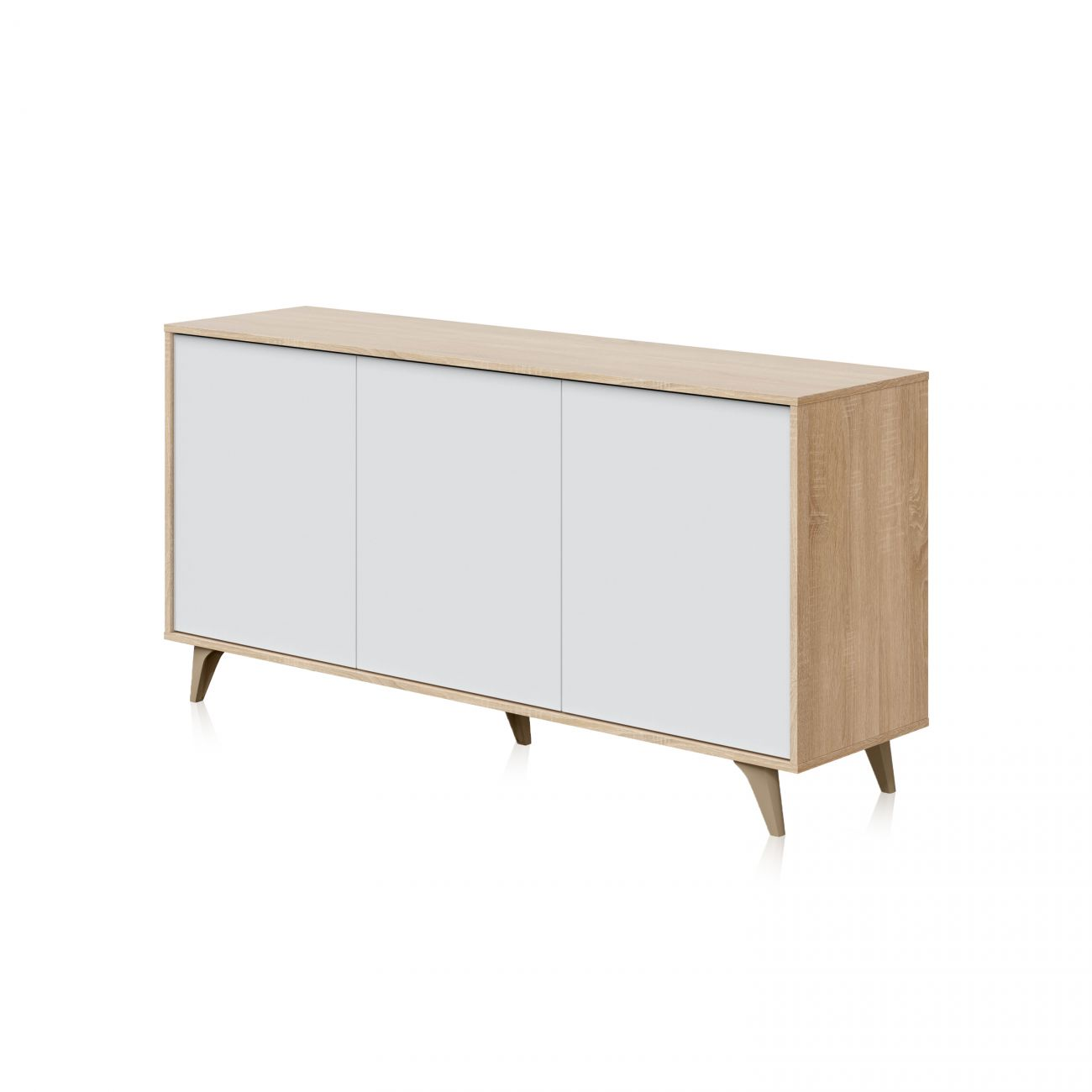 Un aparador de madera con tres puertas blancas y patas anguladas.