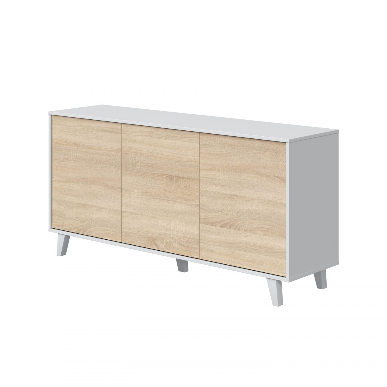 Un mueble de madera clara con puertas y patas blancas.