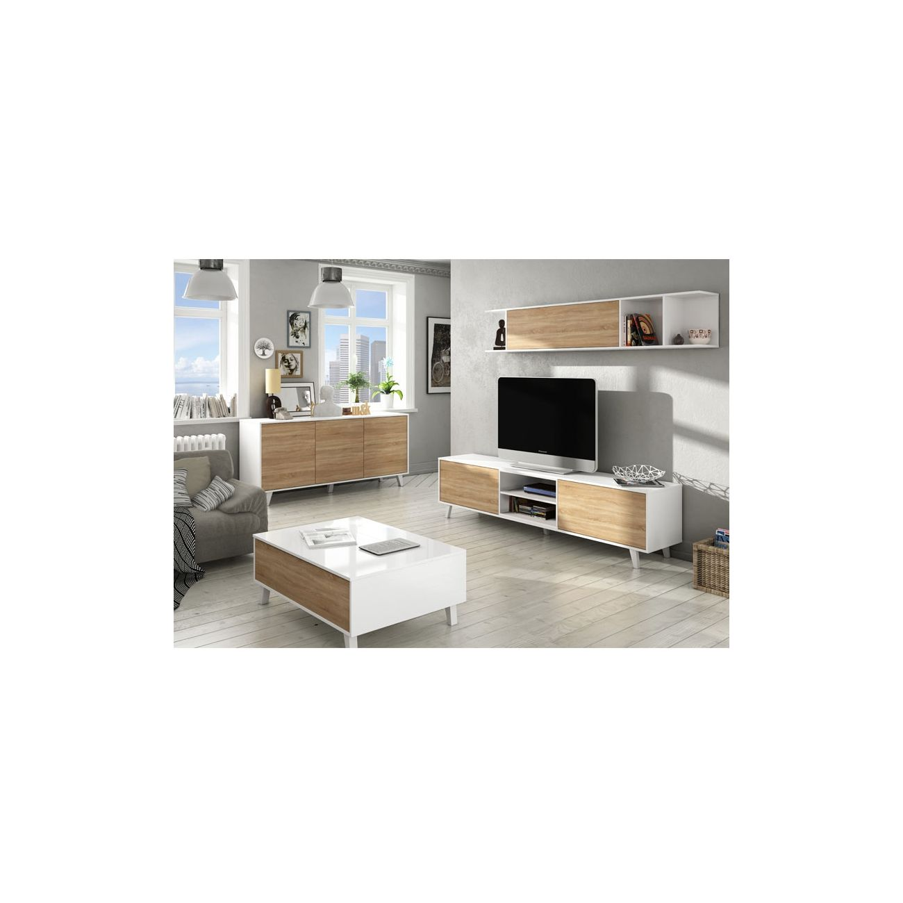Sala de estar moderna con muebles blancos y de madera, TV y mesa de centro.