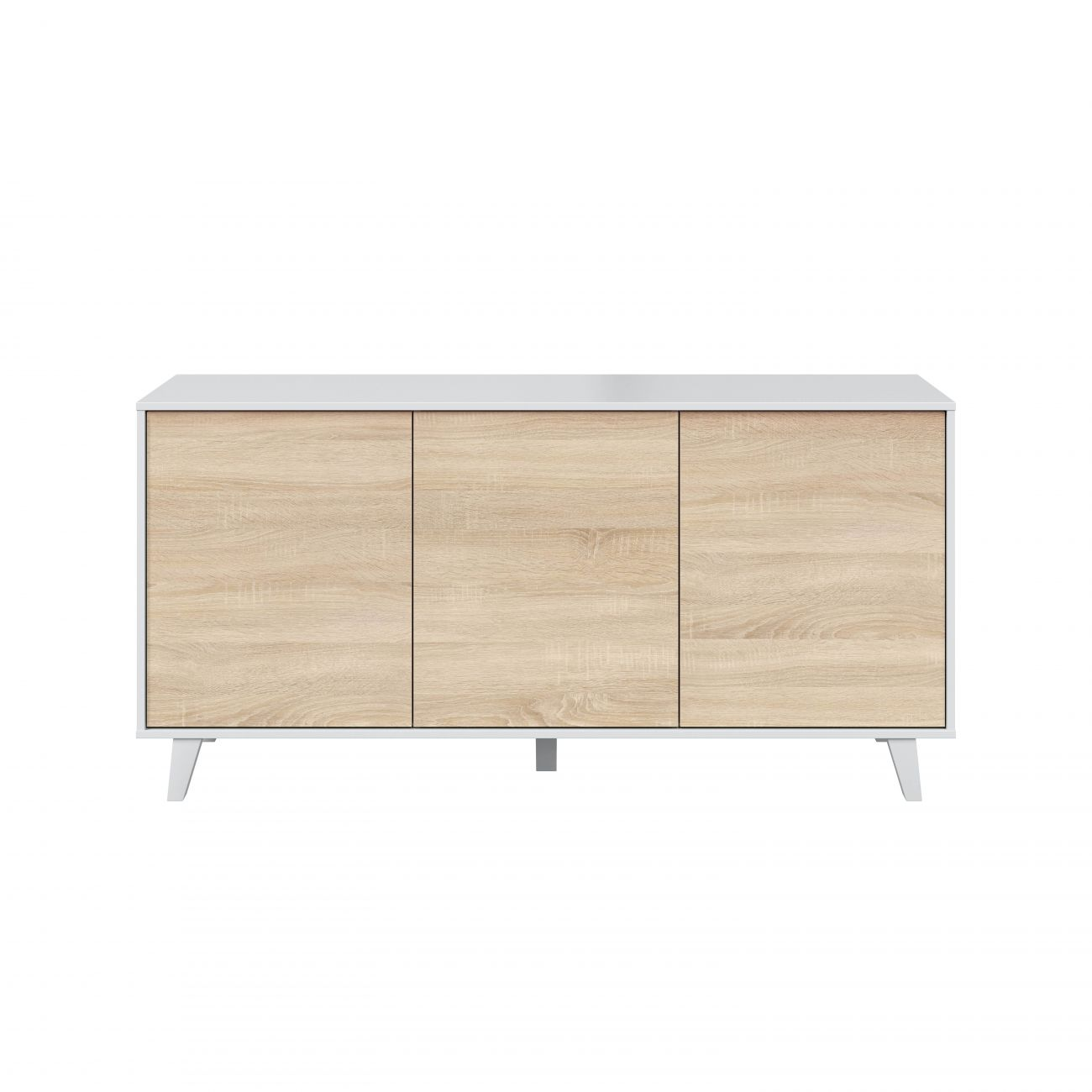 Un aparador de madera clara con detalles blancos y tres puertas.