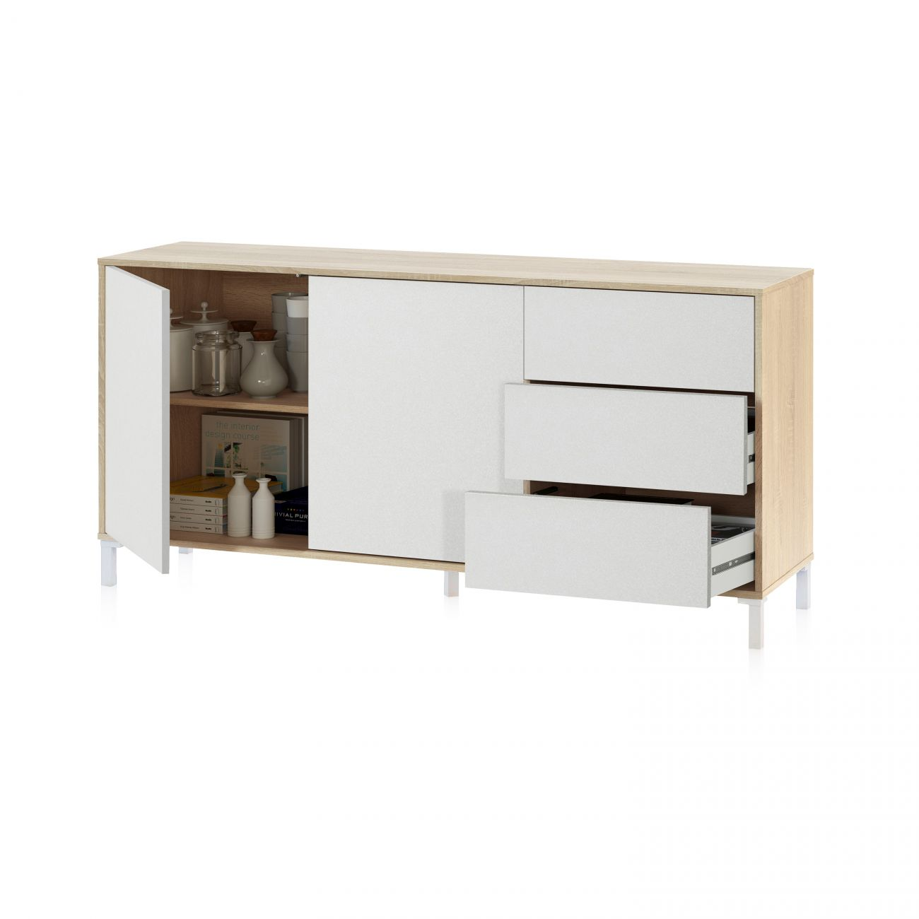 Un mueble de madera clara con puertas y cajones blancos. Una puerta está abierta, revelando frascos y un libro.