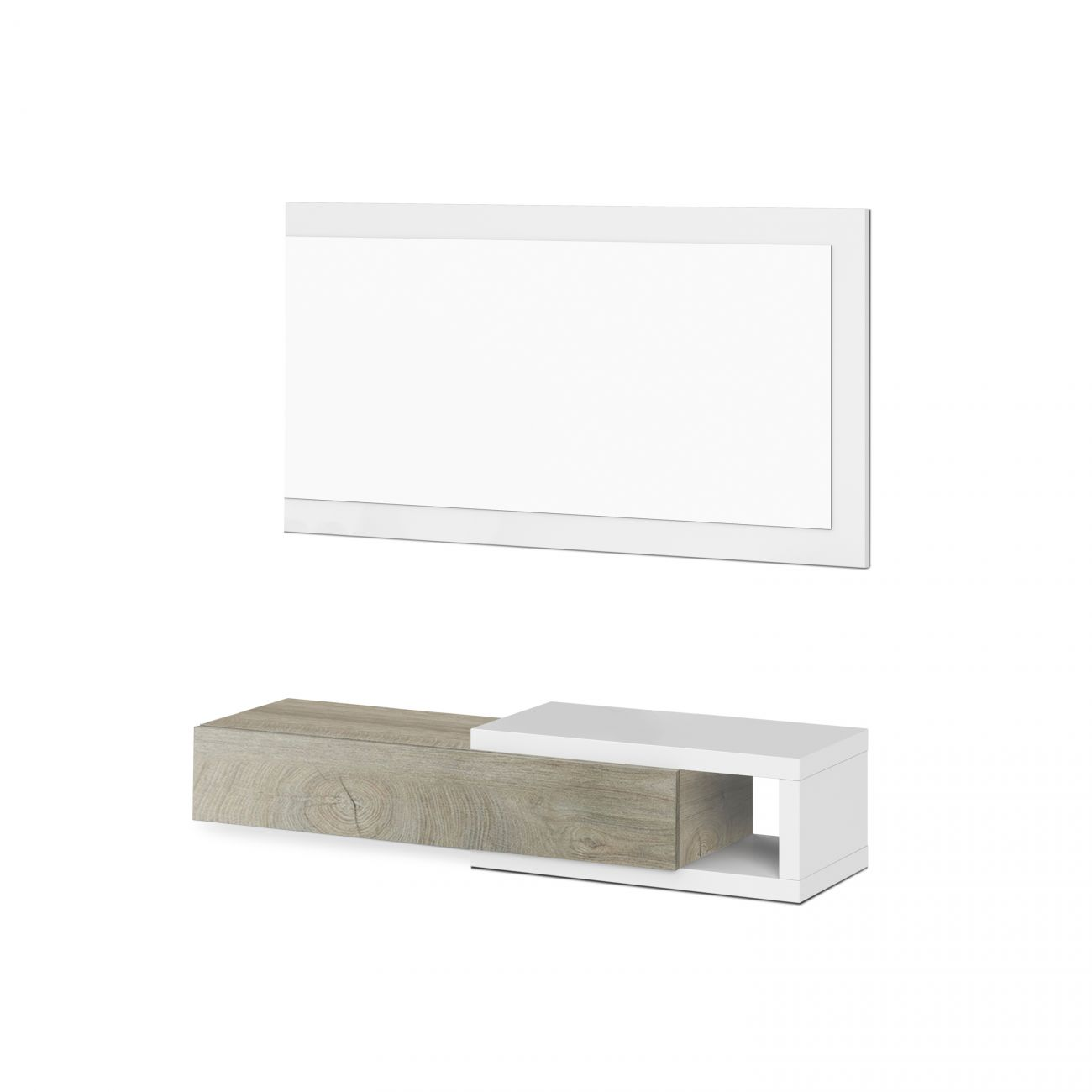 Un mueble de TV moderno de pared con veta de madera y diseño blanco.