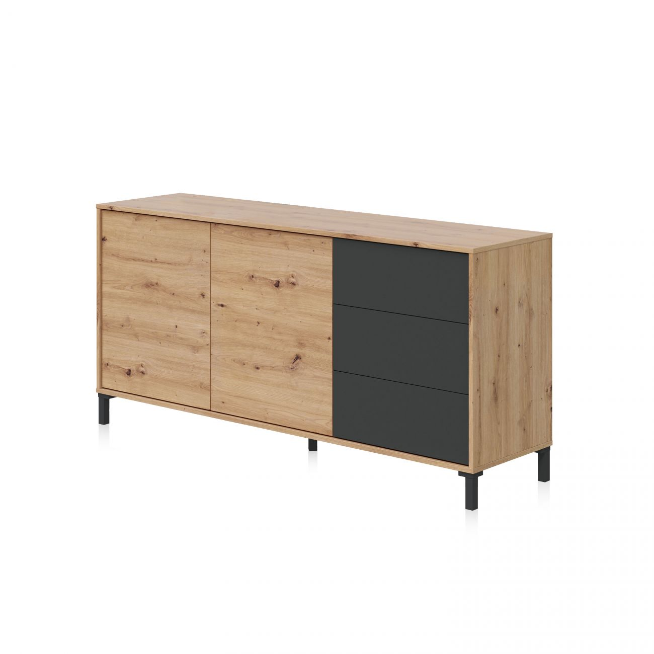 Un aparador de madera con dos puertas y tres cajones grises, sobre patas negras.